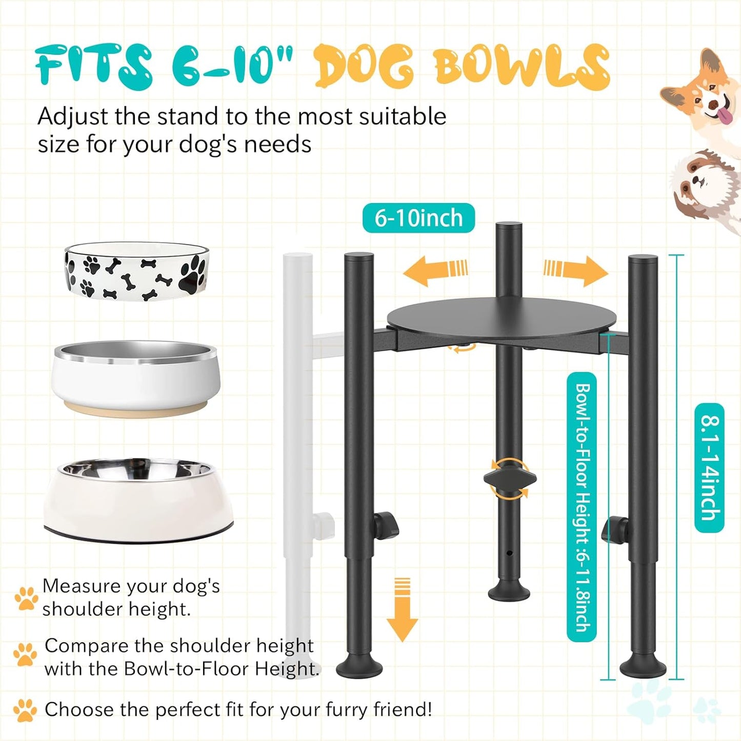 Adjustable Dog Bowls Elevated Stand, 4 Heights, Wide 6-10", Oppro Metal Raised Tall Single Dog Food Bowl Holder, Upgrade Lifted Water Feeder with Tray for Medium Large Small Breed, H: 8”/10”/12”/13.8”