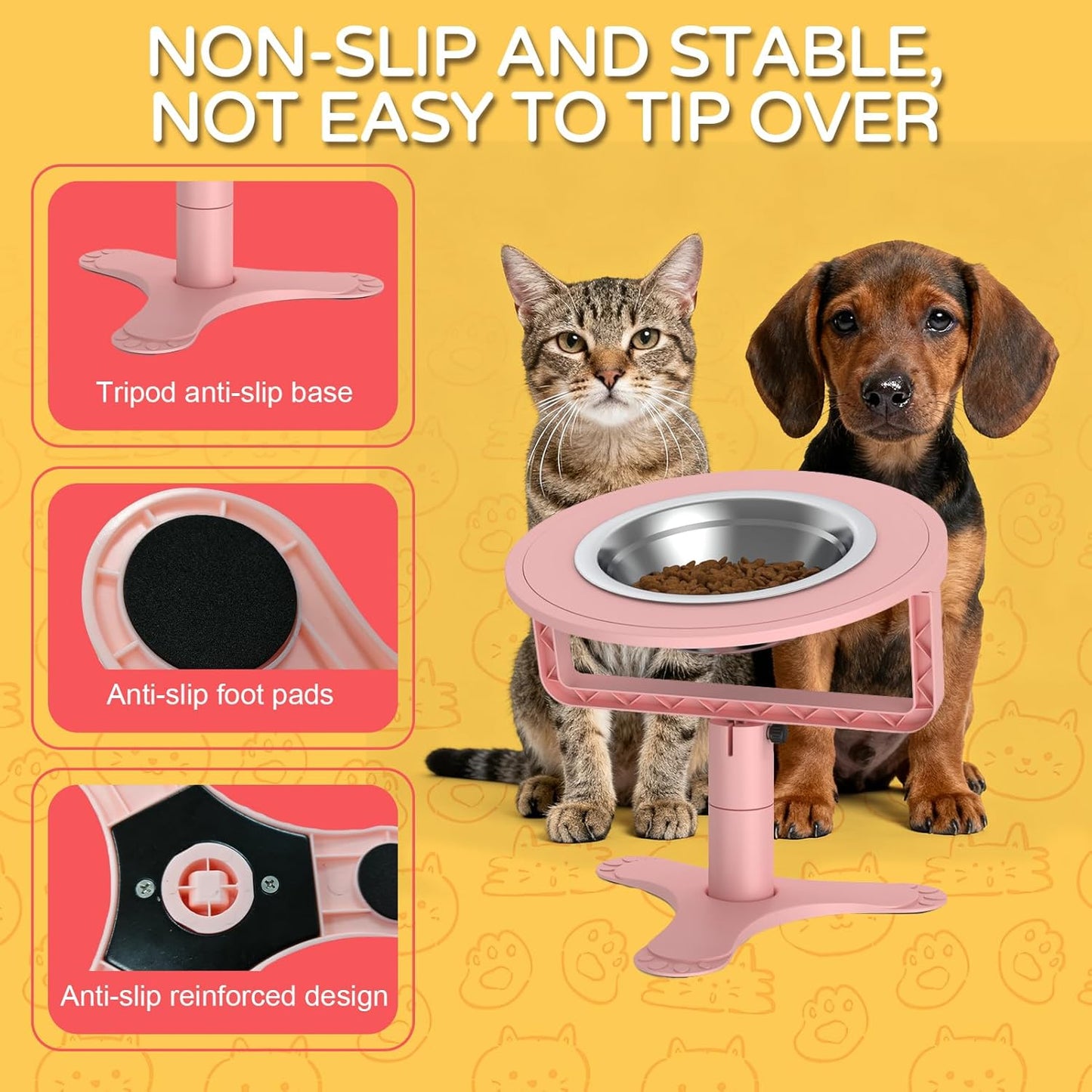Raised Cat Bowls with Height-Adjustable Stand 15° Tilted Cat Food Bowls Non-Slip Feeder Adjusts to 2.4", 4.02",5.98" with Stainless Steel Bowls Whisker Friendly for Cats and Puppy