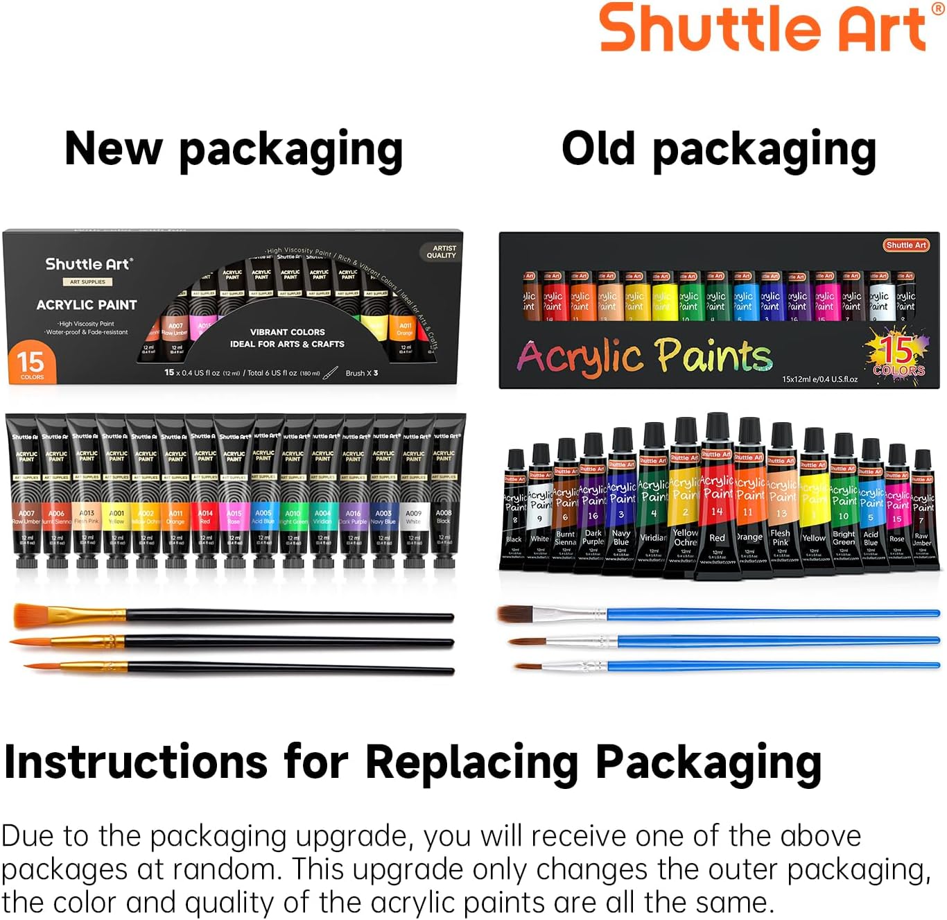 Shuttle Art Acrylic Paint Set, 15 x 12ml Tubes Artist Quality Non Toxic Rich Pigments Colors Perfect for Kids Adults Beginners Artists Painting on Canvas Wood Clay Fabric Ceramic Crafts