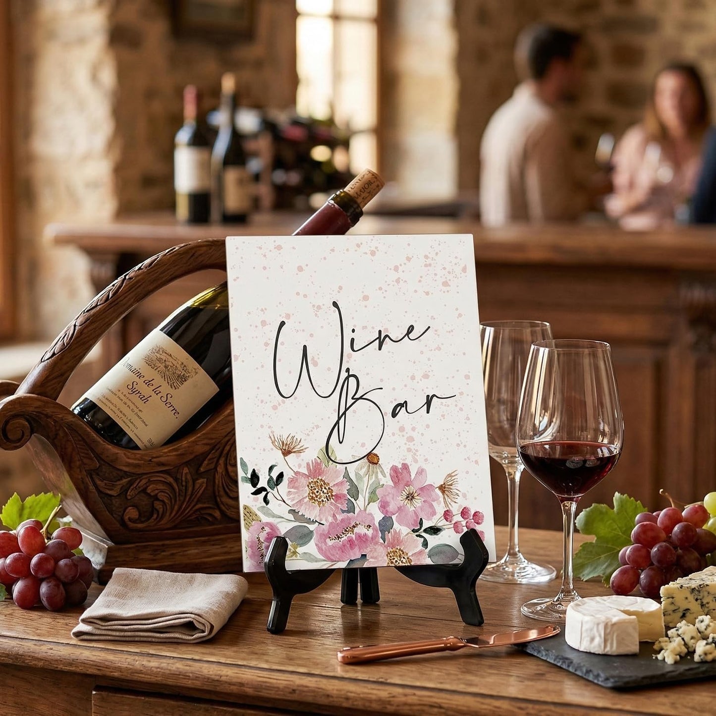 Wine Bar Table Sign with Easel, Floral Watercolor Design (6" x 8")