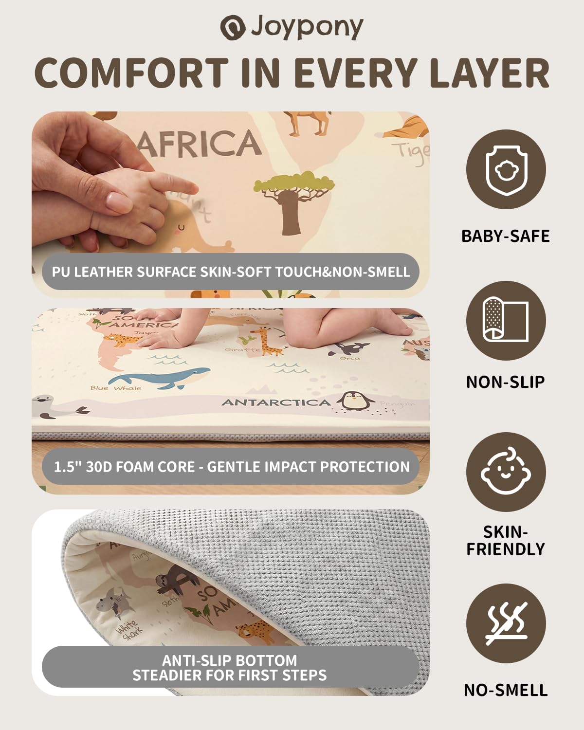 Baby Play Mat for Floor 50x50, 1.5” Thick Vegan Leather Crawling Mat with Removable Cover, Waterproof Playpen Mat for Infants and Toddlers, Wipe-Clean Kids Playmat, World Map