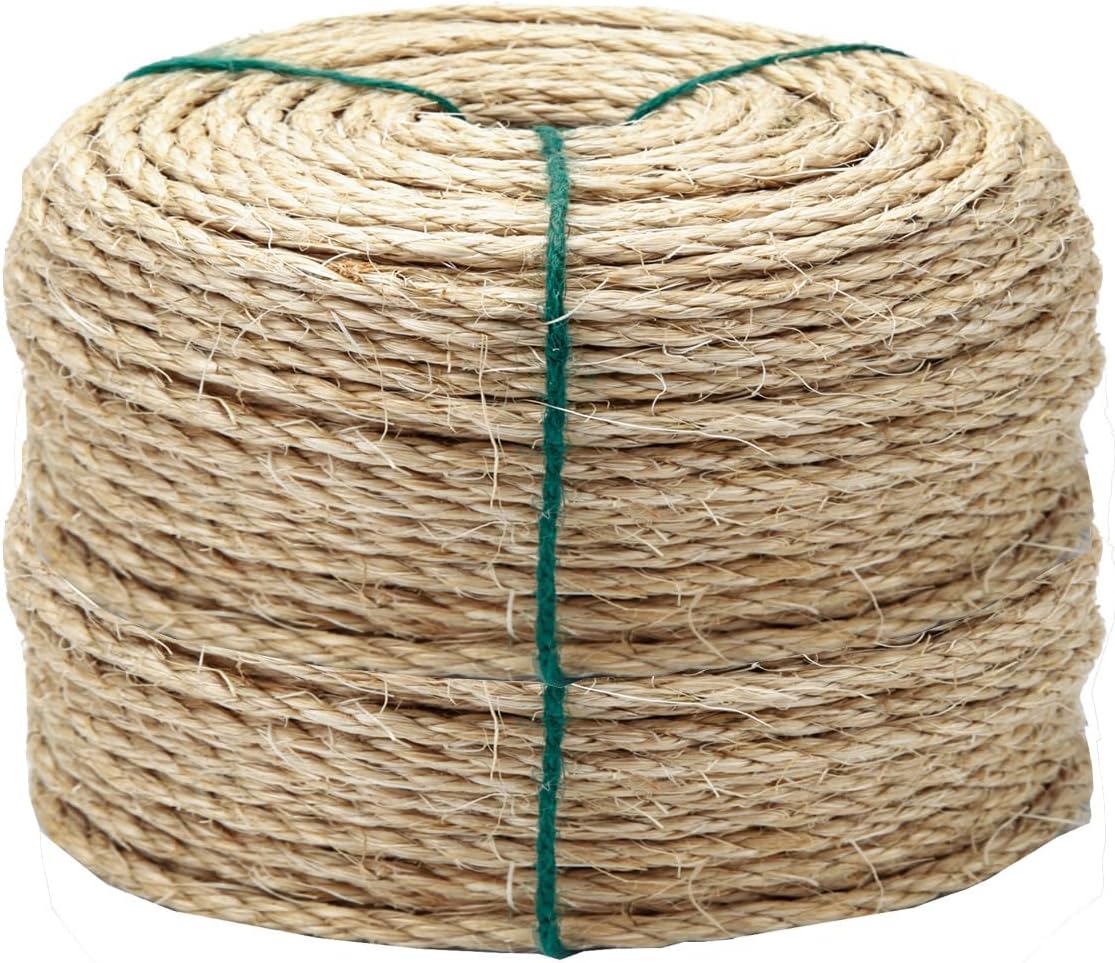 4mm Natural Sisal Rope - 164-Ft, Cat Scratcher Repair & DIY Cat Tree, Wide Application, Length Choices
