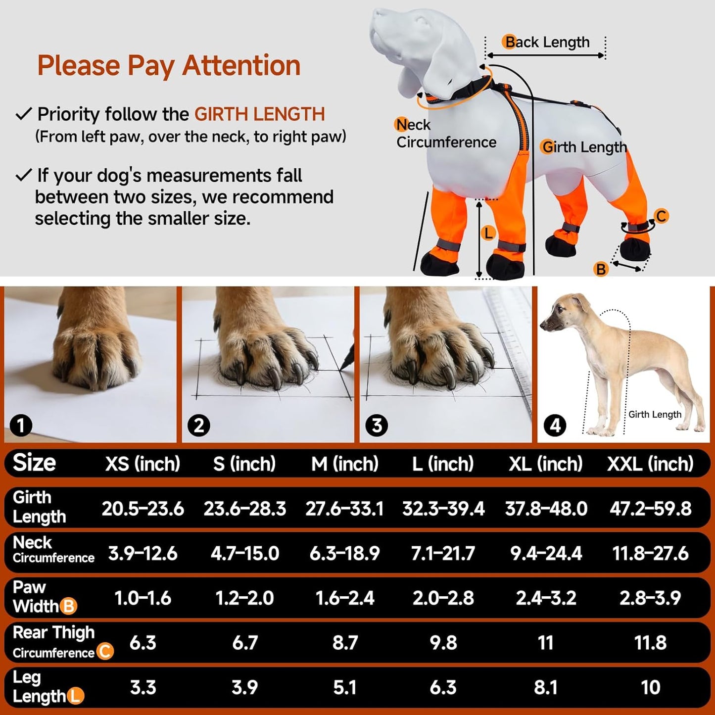Stay-On Dog Suspender Boots for Rain, Snow & Mud, – Reflective & Waterproof Paw Protectors, Adjustable Non-Slip Dirt-Proof Winter Shoes for Walking, Hiking, Running, Orange, Size XL