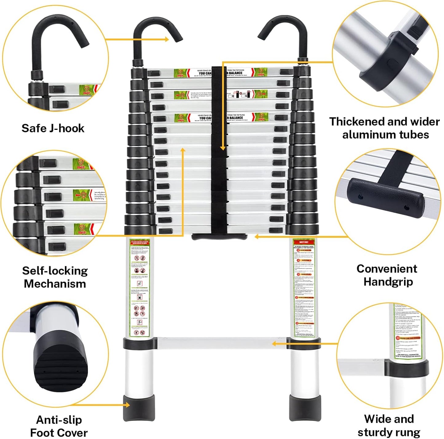 RIKADE Telescopic Ladder, 20.34FT Aluminum Telescoping Ladder with Stable Hook and Non-Slip Feet, Portable Extension Ladder for Household and Outdoor Working, Max Load 330lbs, Aluminum