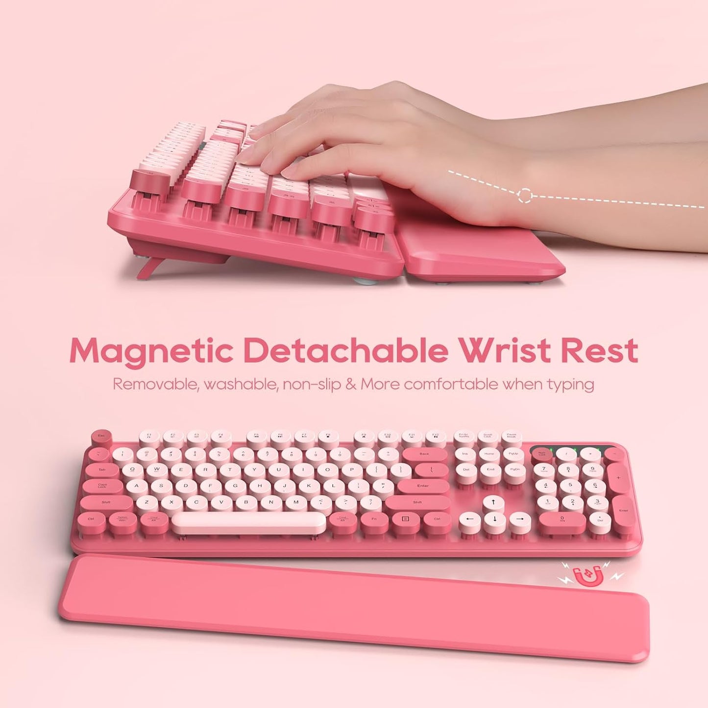 Wireless Keyboard and Mouse Combo, Cute Hot Pink Full-Size Retro Typewriter Keyboard with Round Keycaps, Magnetic Wrist Rest, Tilt Legs, 2.4GHz Cordless for Mac, Windows PC, Laptop, SABLUTE CK23