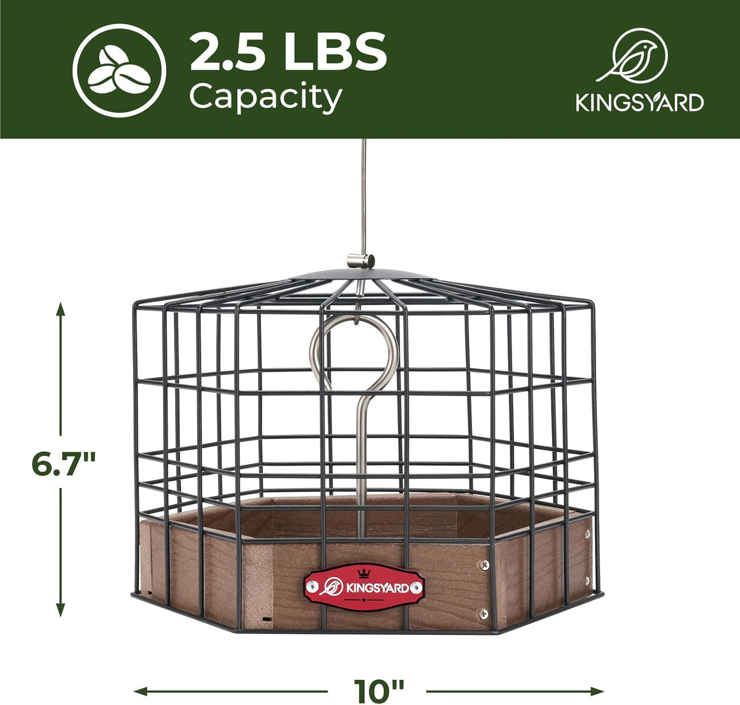 Kingsyard Squirrel Proof Platform Bird Feeders for Outdoor Hanging, 10" Wide Metal Caged Bird Feeder for Small Wildbirds Finches, Recycled Plastic Feeding Platform with Metal Seed Tray, Brown
