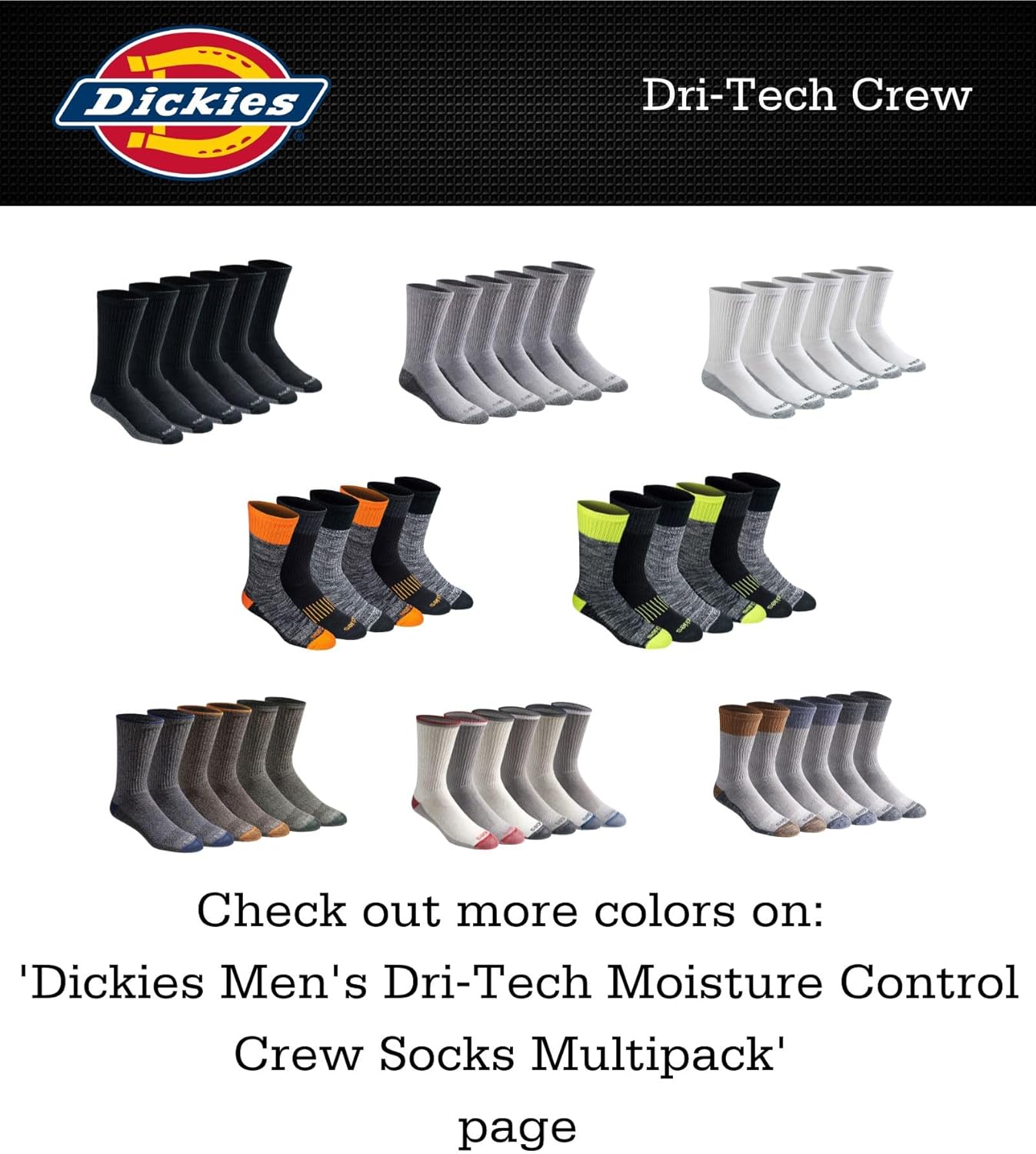 Dickies Men's Dri-Tech Essential Moisture Control Crew Socks (6 & 12 Pairs)