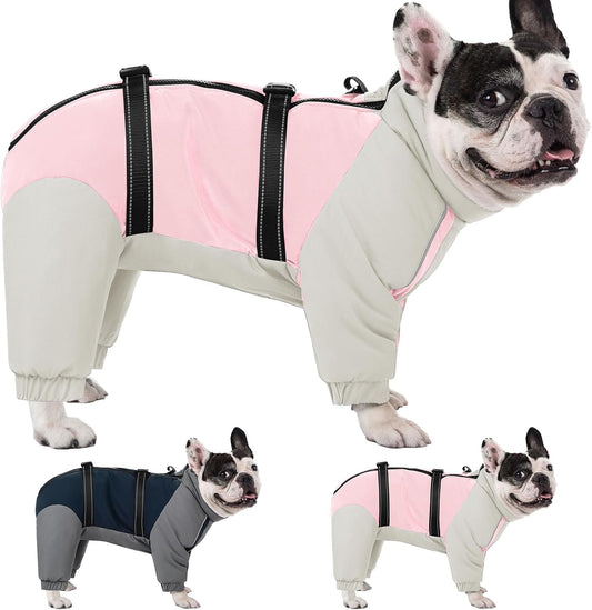 KOESON Four Legged Winter Coat, Warm Dog Jacket with Adjustable Buckles, Turtleneck Windproof Fleece Jackets, Reflective Fullbody Snowsuit Puffer Coat Pink Grey XS