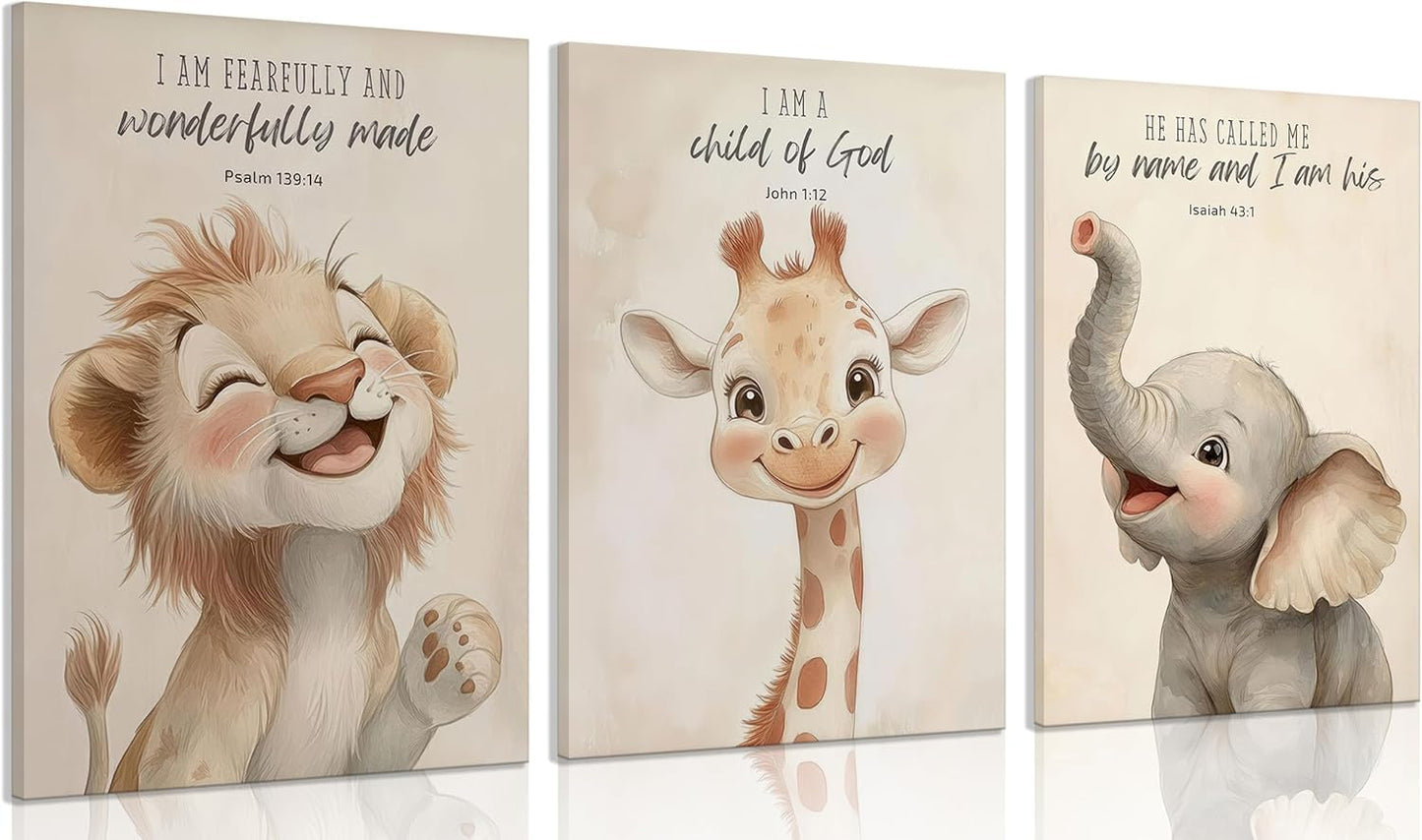 3Pcs Bible Verses Christian Nursery Safari Animals Canvas Wall Art Child of God Cute Animals Picture Wall Decor Lion Giraffe Elephant Poster Print Artwork for Kids Boys Girls Room Home Decoration