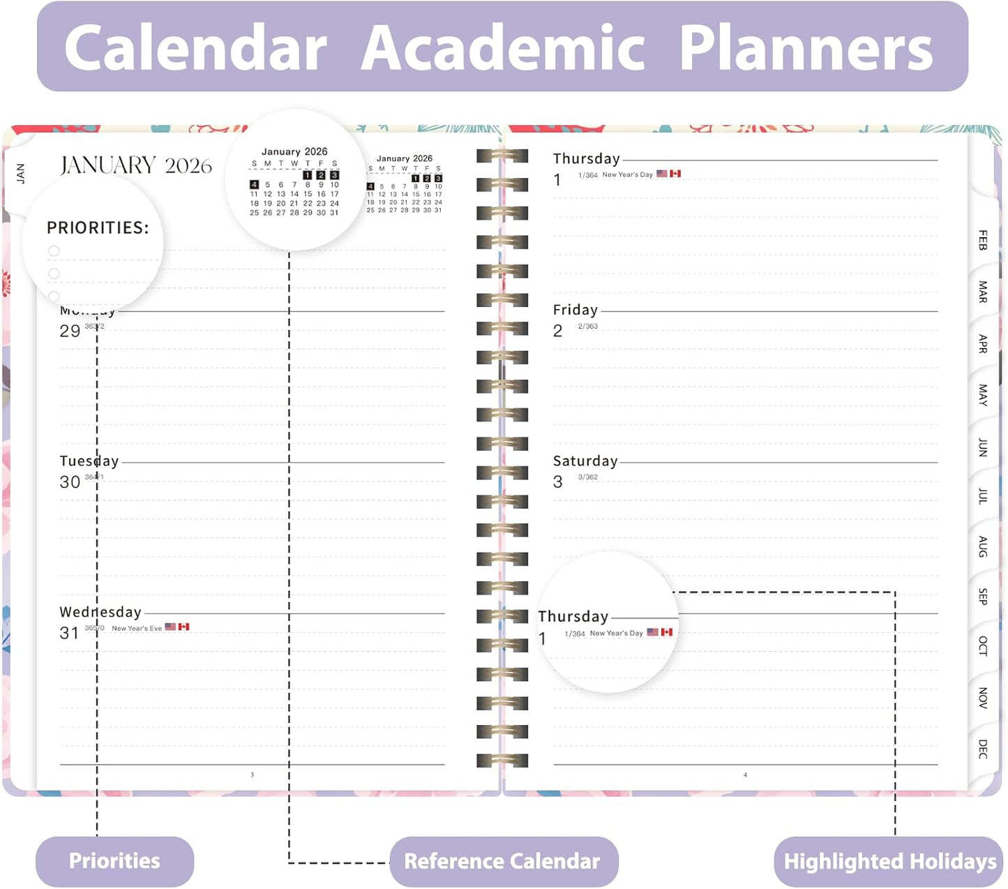 2026 Planner, Weekly and Monthly Calendar Planner , Jan 2026 - Dec 2026, Hardcover Calendar Planner with Tabs, Spiral Bound, Inner Pocket, Agenda Notebook for Office School Supplies, 6.2" x 8.5" - Pink Blossoms