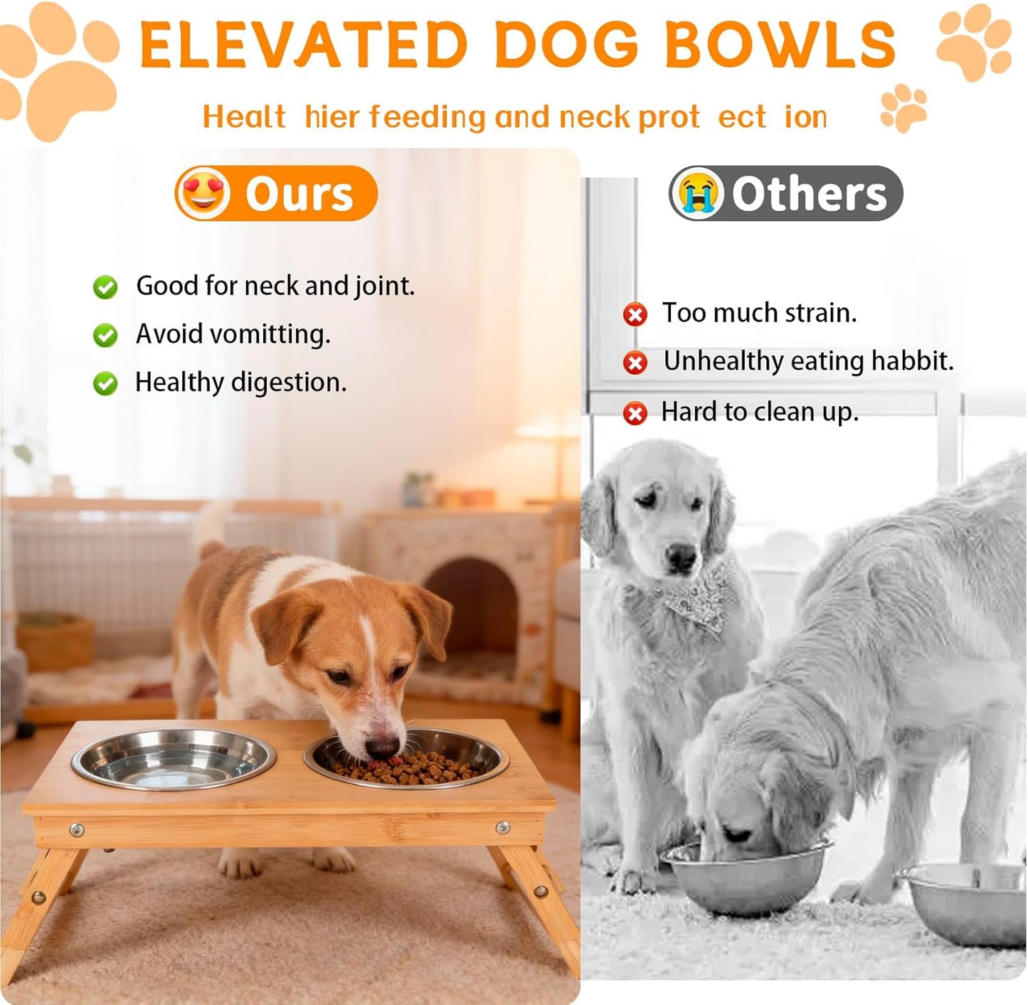 Dog Bowls Elevated,Adjustable Raised Cat Bowl Stand for Small Dogs and Cats Bamboo Pet Food Feeder with 2 Stainless Steel Dish Water Feeding Set