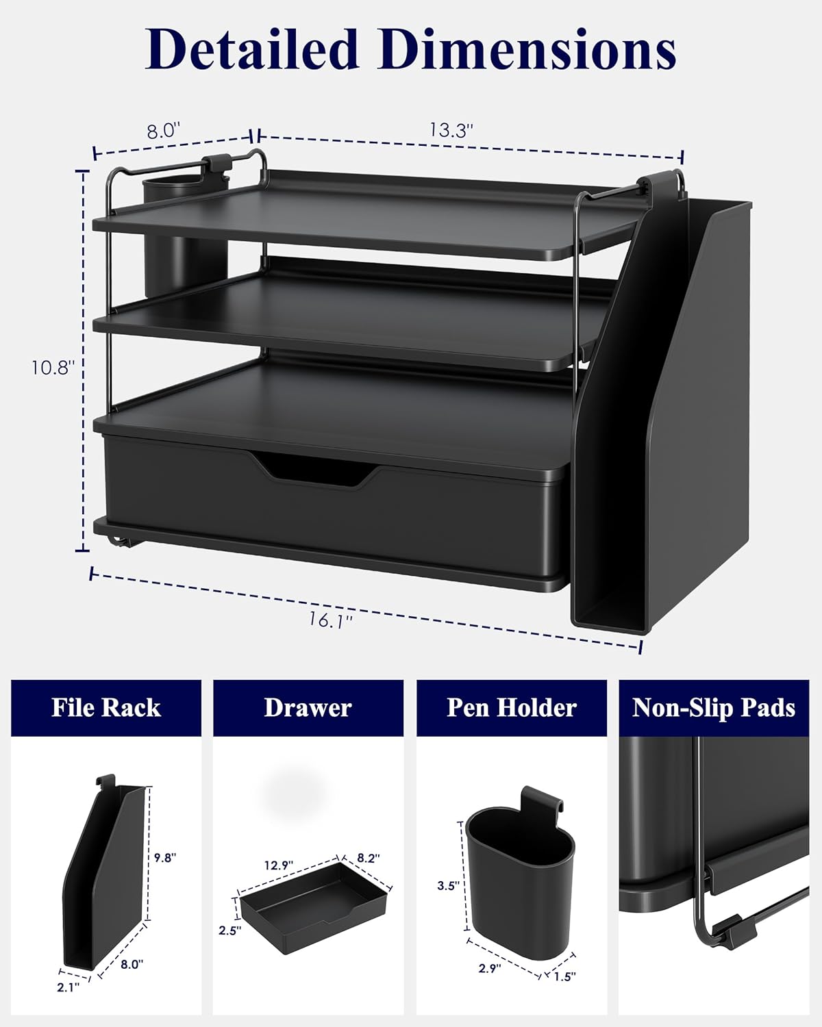 Kitsure Desk Organizer - 4-Tier Office Desk Accessories with Drawer ＆ Pen Holder, Tool-Free Assembly Organizer with Non-Slip Pads, for Office Supplies Storage, Plastic, 13.3" x 8.0" x 10.8", Black