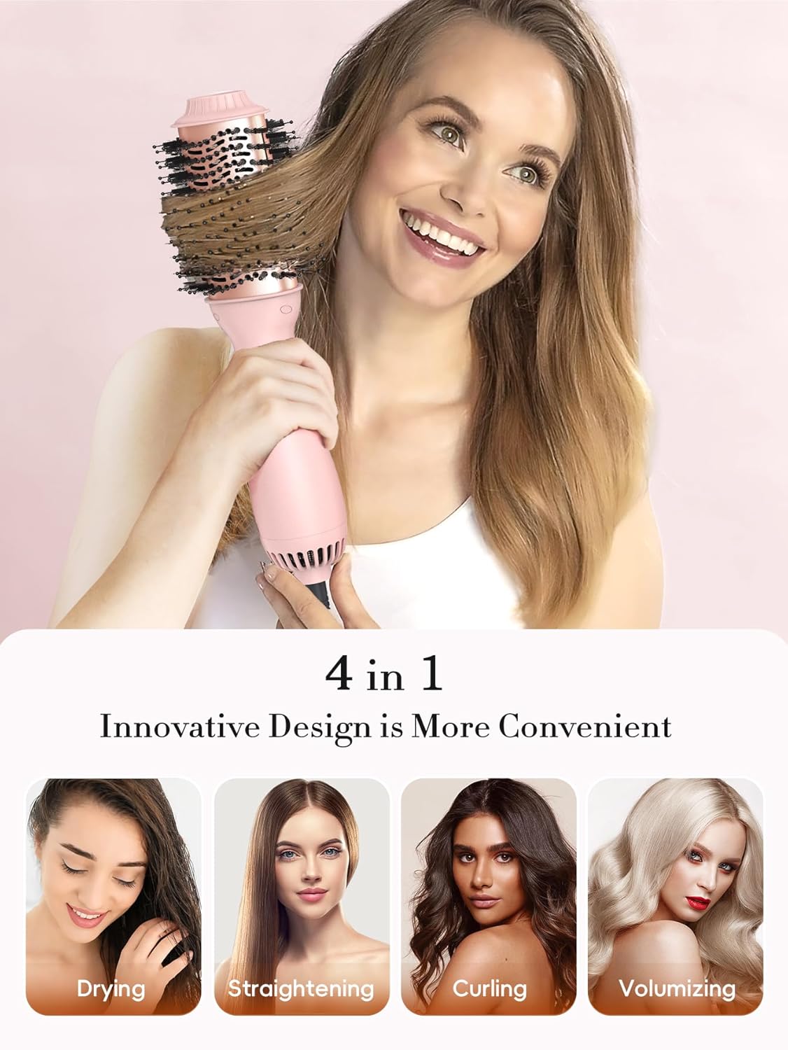 LANDOT Hair Blow Dryer Brush - One-Step Hot Air Brush for Fast Drying Smoothing Volumizing, Ionic Anti-Frizz Delivers Salon Blowout Results, 3 Heat/2 Speed Settings fit All Hair Types, Rose Gold Pink
