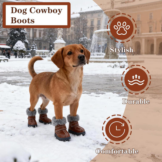 Dog Cowboy Boots for Small Dogs, Dog Shoes and Paw Protectors with Soft Gray Fluffy Lining, Non-Slip Rubber Sole, Adjustable Velcro Strap for Secure Fit, Perfect for Winter Snowy Days