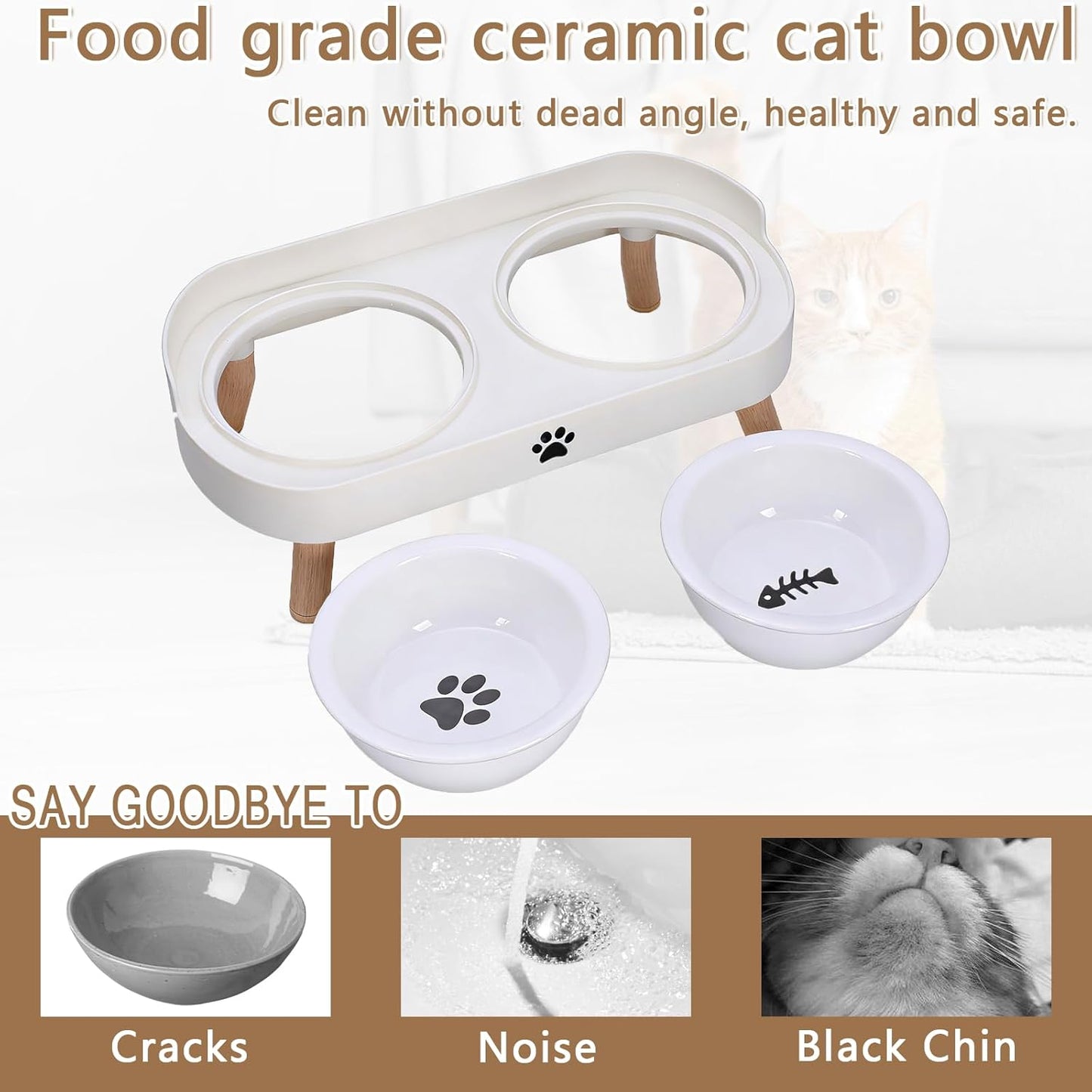 Cat Bowls Elevated,Cat Food and Water Bowl Set,Pet Feeding Raised Stand for Cats Dish Indoor Small Feeder Proof Double Dishes Kitten Station Gatos Dining Spill Holder Kitty Table Ceramic Feed Bowl