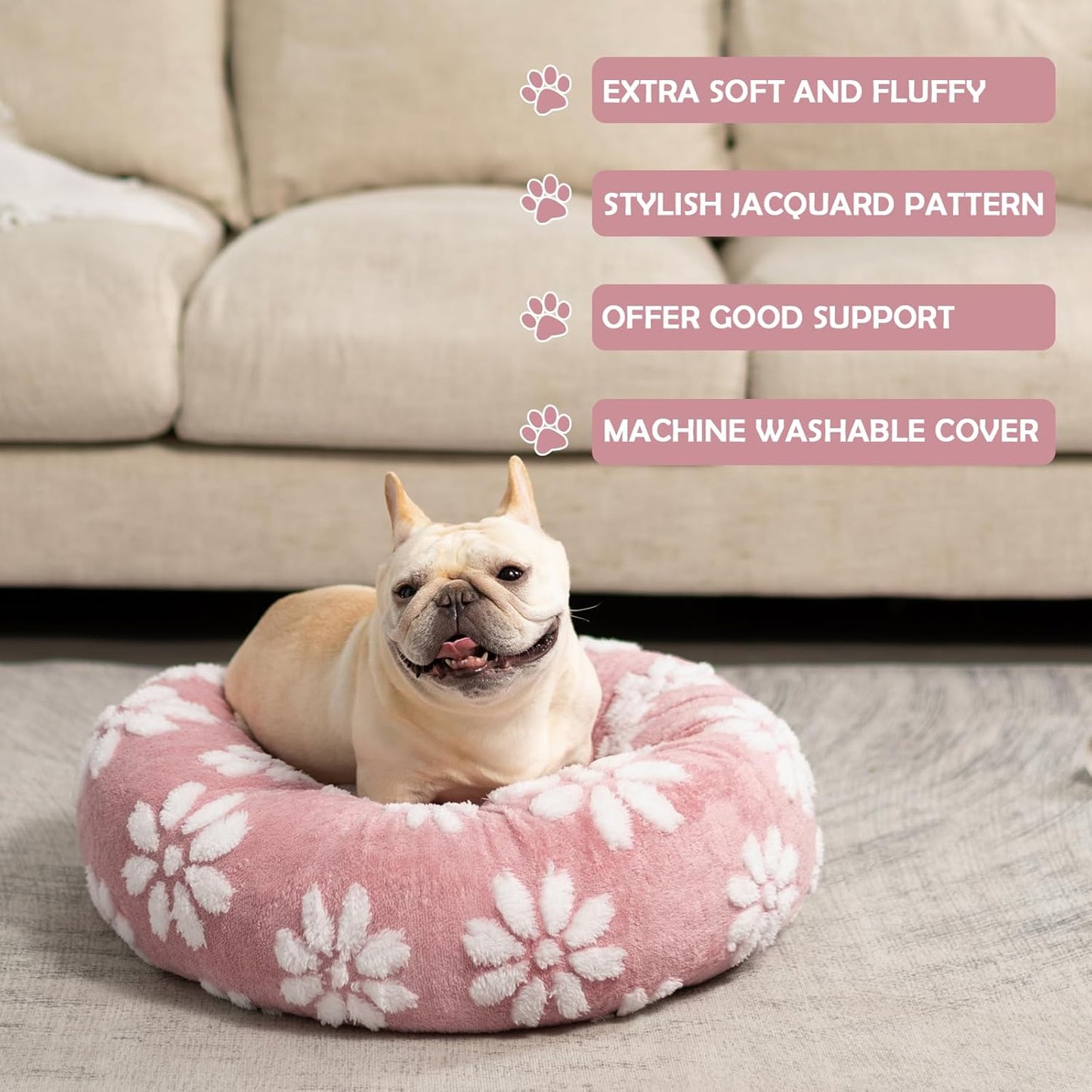 Donut Dog Beds for Small Dogs, Calming Round Cat Beds for Indoor Cats, Cute 3D Textured Flower Pet Bed with Removable Washable Cover and Anti-Slip Bottom（Pink，20"）