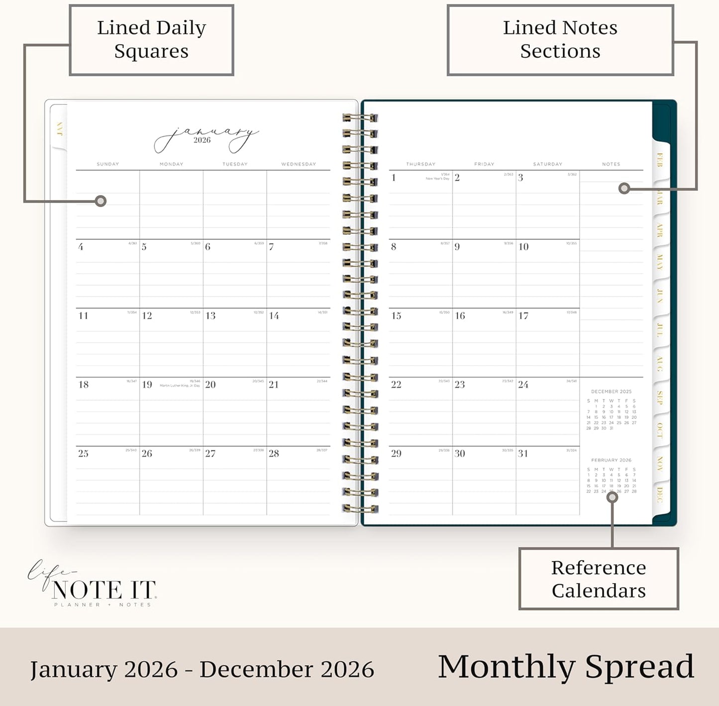Blue Sky Life Note It 2026 Weekly and Monthly Planner Notes, January 2026 - December 2026, 5.875" x 8.625", Clear Pocket Cover, Durable Twin Wire Binding, Storage Pocket, 50 Perforated Notes Sheets, Dania Dark