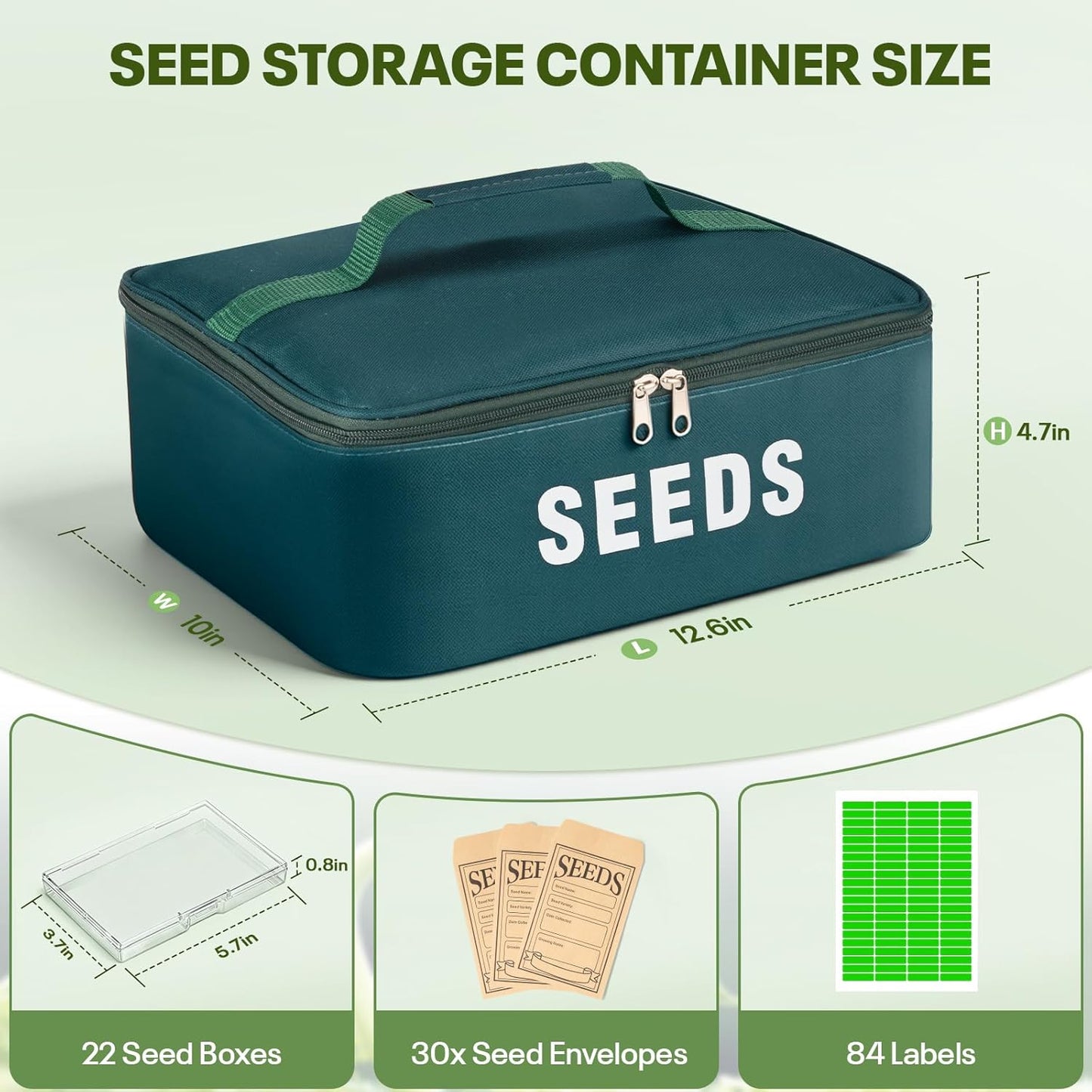 22 Slots Seed Storage Organizer Box with & 30 Seed Envelopes, Large Capacity Seed Packet Organizer Case with Labels, Portable Waterproof Garden Seed Storage Kit for Vegetable Flower Seeds, Green