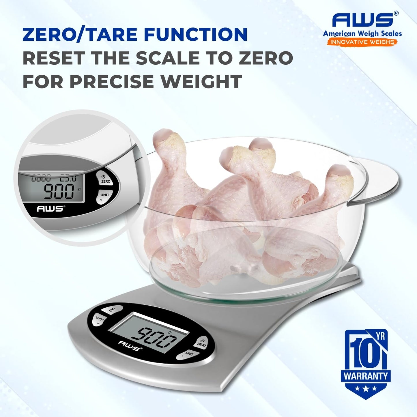 AWS Kitchen Pro 0.1g/0.001oz Precision Food Scale 5kg/11lb Digital Bowl Scale with Tempered Glass, | 2.72L Dishwasher-Safe Bowl, Tare, Timer, Clock & Room Temperature Display | Ultra Cooking Scale