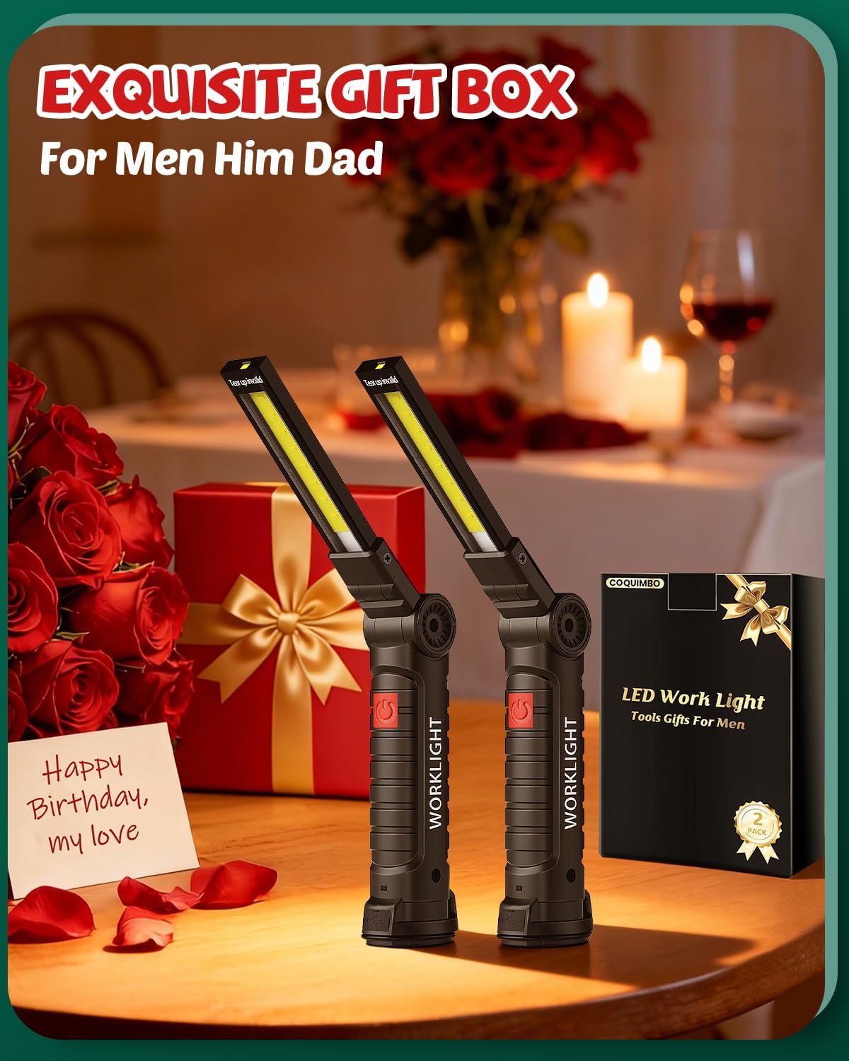 Coquimbo Tool Fathers Day Dad Gifts for Men Him Husband, Rechargeable LED Work Light BBQ Grill with Magnetic Base Hook, 360° Rotate Mechanic Flashlight Mens Easter Birthday Gifts (2 Pack Black)