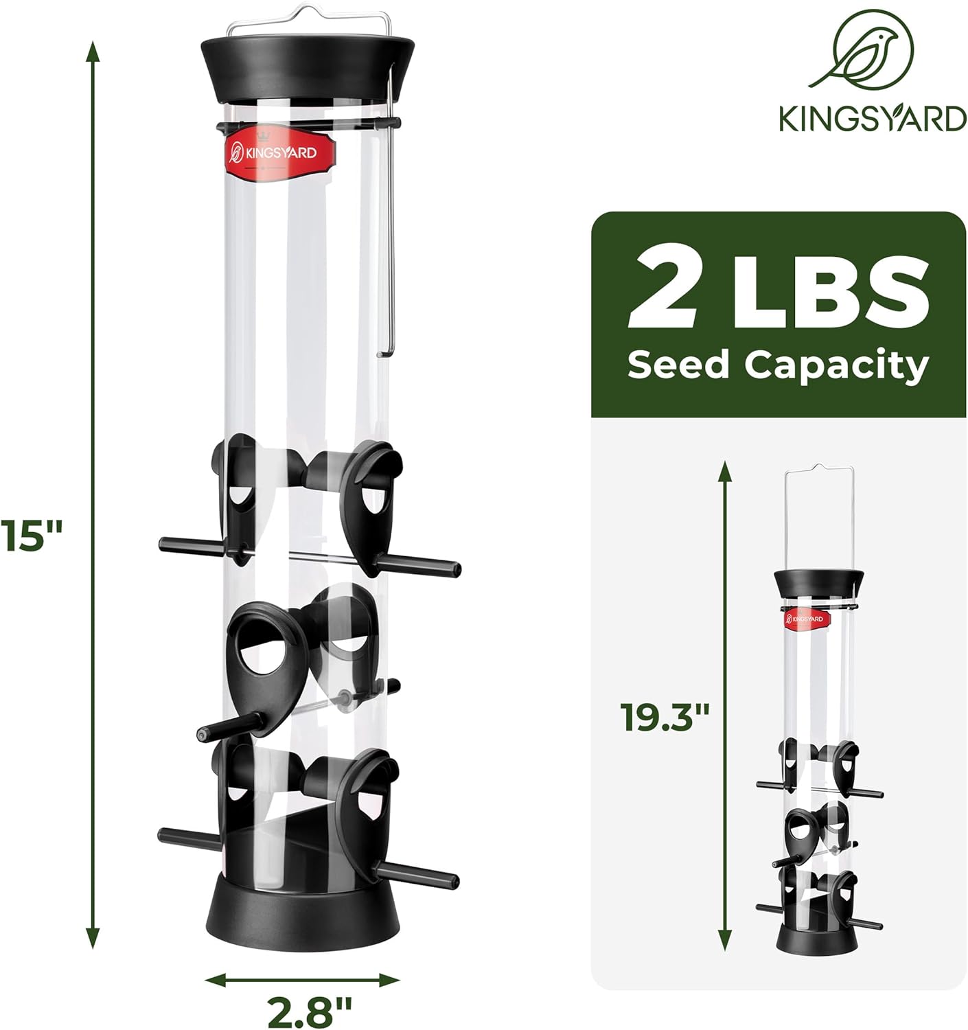 Kingsyard 2 Pack Tube Bird Feeders for Outdoors Hanging, Wild Bird Feeder with 6 Feeding Ports, Easy to Clean & Refill, 2 lbs Seed Capacity, Great for Attracting Finches, Cardinals (Black)