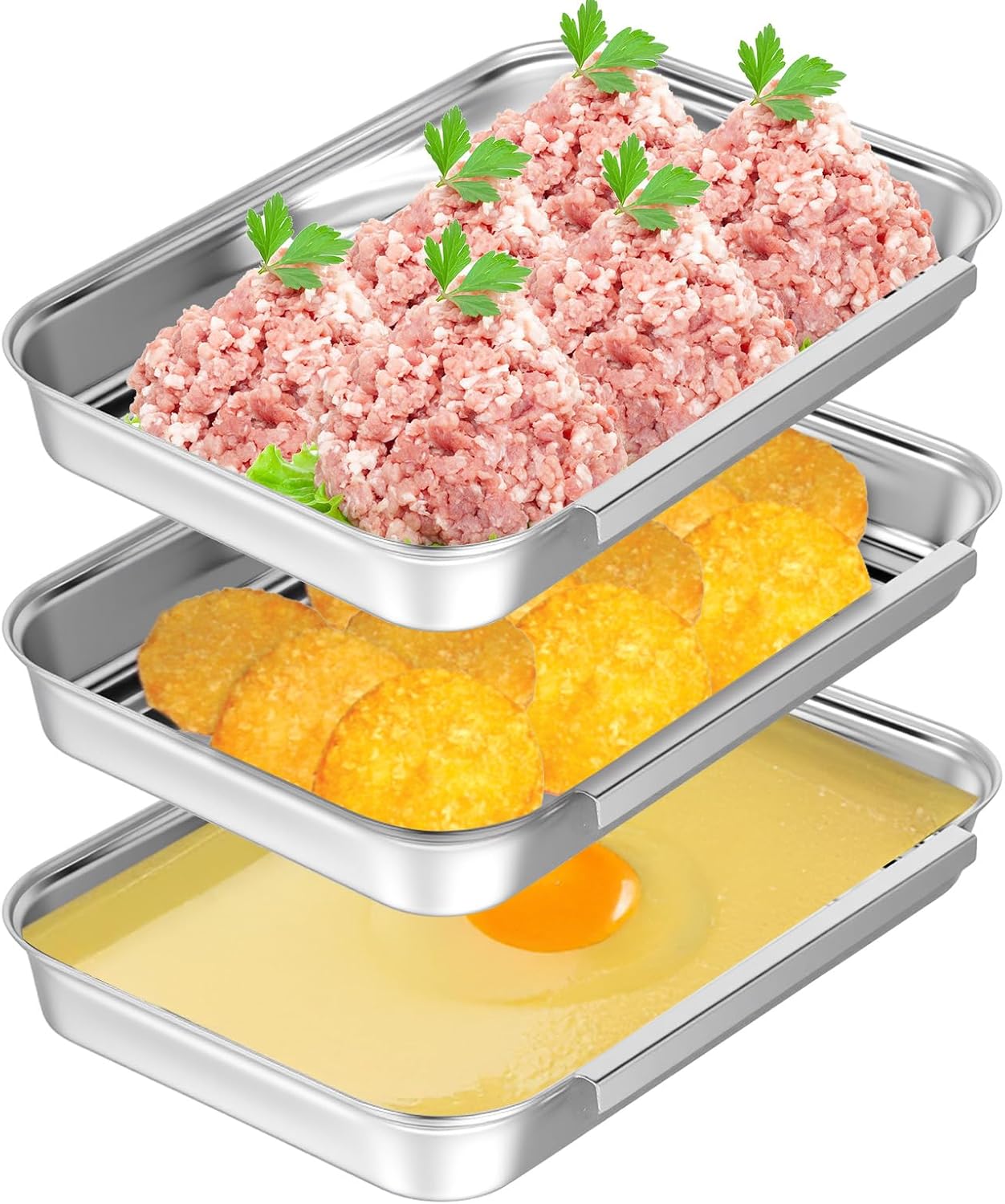 Breading Trays Set of 3 Dredging Trays for Cooking, Stainless Steel Breading Pans Set for Marinating Meat, Chicken, Fish, Food Prep Tray