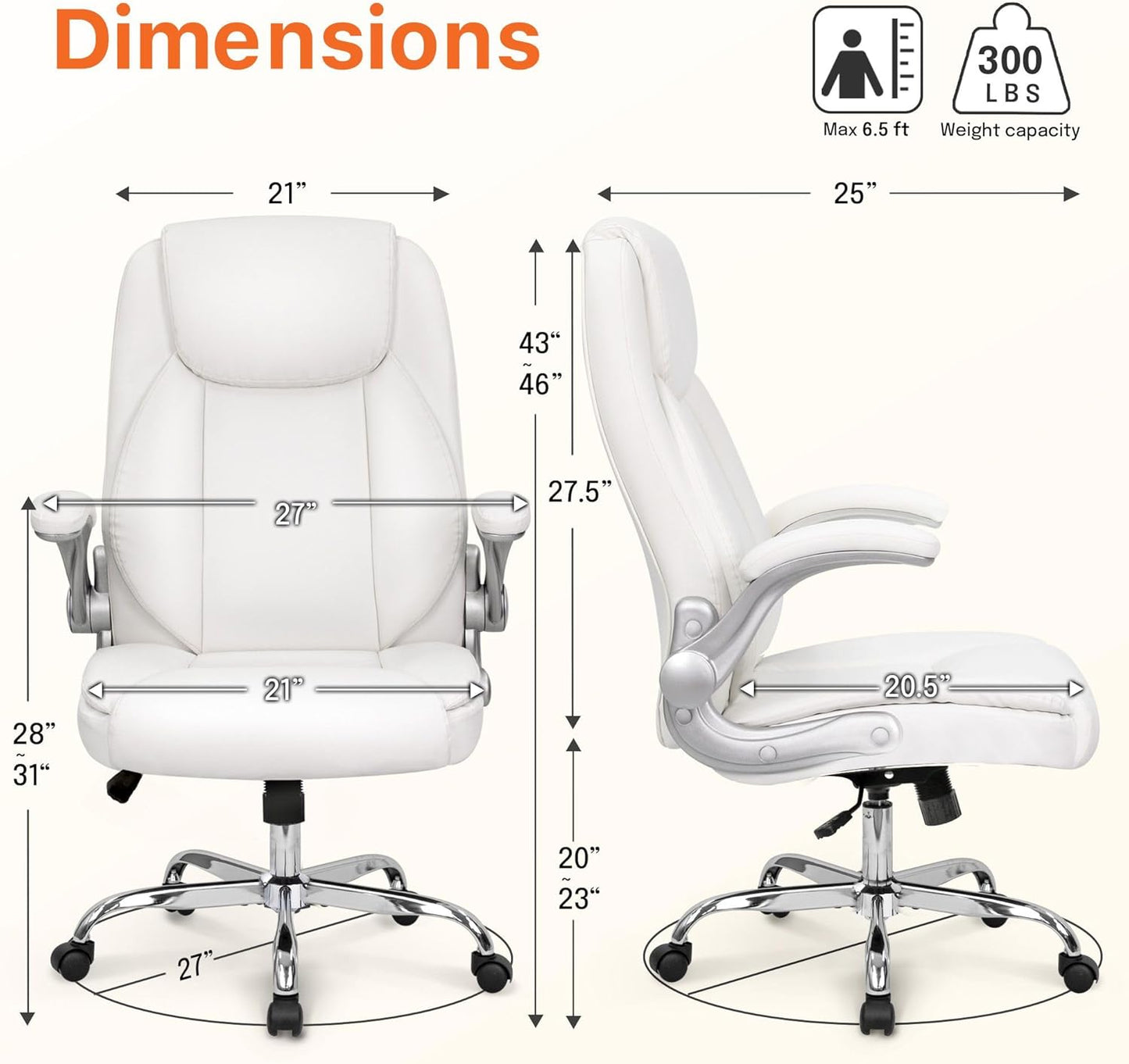 NEO CHAIR Ergonomic Office Desk Gaming Computer Chair Executive High Back Support Flip-up Arms Adjustable Height Swivel Rolling Wheels Comfy PU Leather for Home (White)