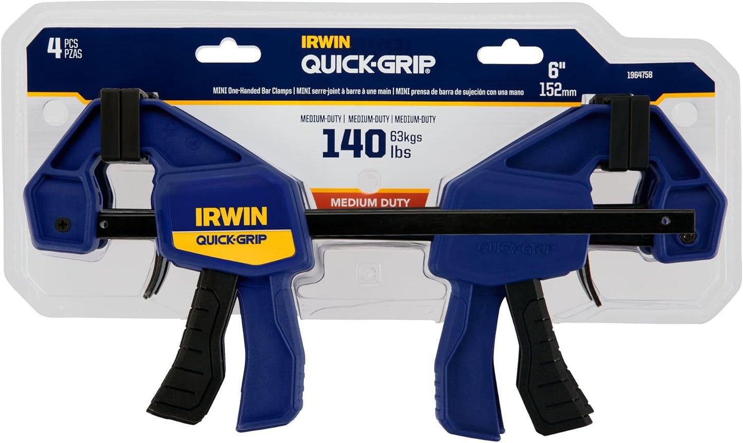 IRWIN Quick-Grip 1964758 One-Handed Mini Bar Clamp 4 Pack, 6", Blue