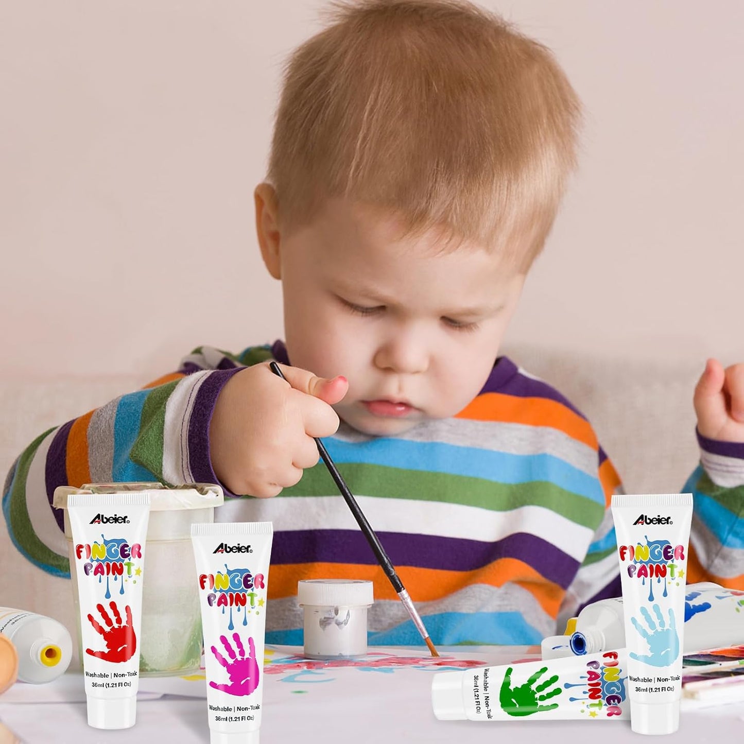 ABEIER Washable Finger Paint for Toddlers, Safe Non-Toxic, 12 Vibrant Colors (1.21fl oz), Baby Safe Paint for Hand and Feet, Mess Free Art Supplies for Kids, Preschool Learning Gifts, Ages 1-3 4 5 6+