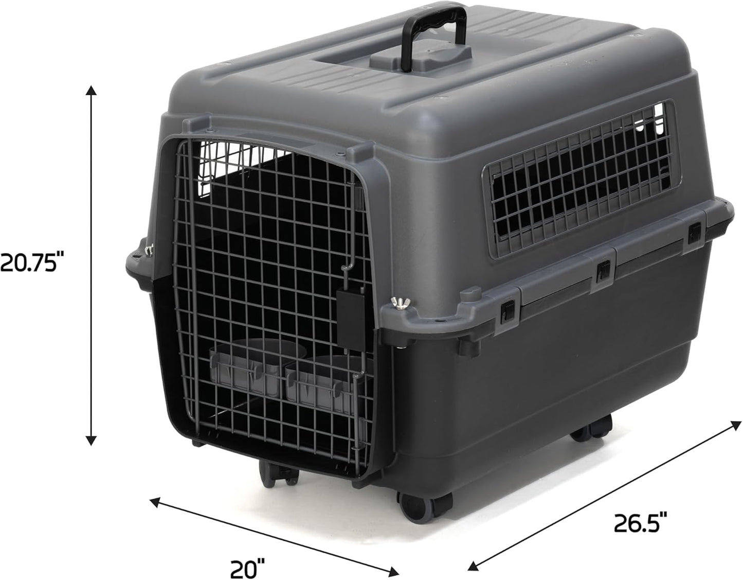SportPet Airline Compliant MEDIUM 24.25" Travel Dog Kennel-Durable Plastic Airline Pet Carrier w/ Removable Wheels & Food Bowls, Collapsible Indoor/Outdoor Dog Kennel, Dogs up to 23"L & 15"H-Dark Gray
