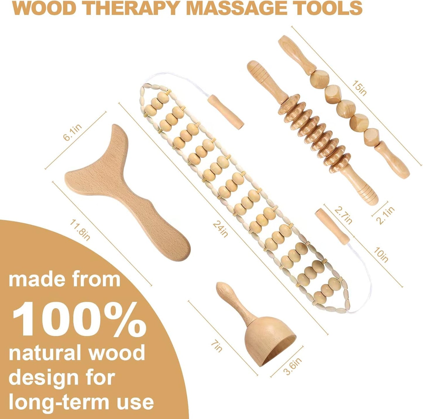 Wood Therapy Massage Tools Professional Maderoterapia Kit Body Sculpting Tools for Lymphatic Drainage and Anti-Cellulite.Wood Massager Roller Rpoe for Back and Muscle Pain Relief (5pcs)