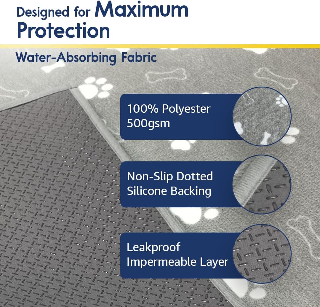 Muddy Mat® Washable Pee Pads for Dogs, Super Absorbent Reusable Puppy Pads–100% Waterproof Pee & Potty Training Pads for Pets, Non-Slip Dog Pads for Crates, Playpens and Floors - 2 Pack, Grey 24"x36"