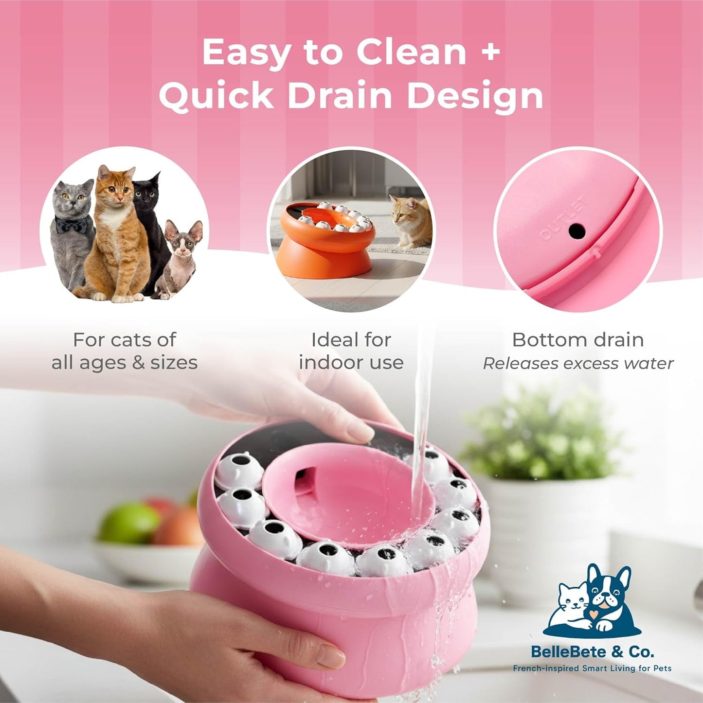 BelleBête & Co. 2-in-1 Elevated Cat Slow Feeder Bowl – 15° Tilted Interactive Puzzle Feeder with Rotate-to-Feed & Non-Slip Base, Anti-Gulping & Digestive Health for Indoor Cats | Pink