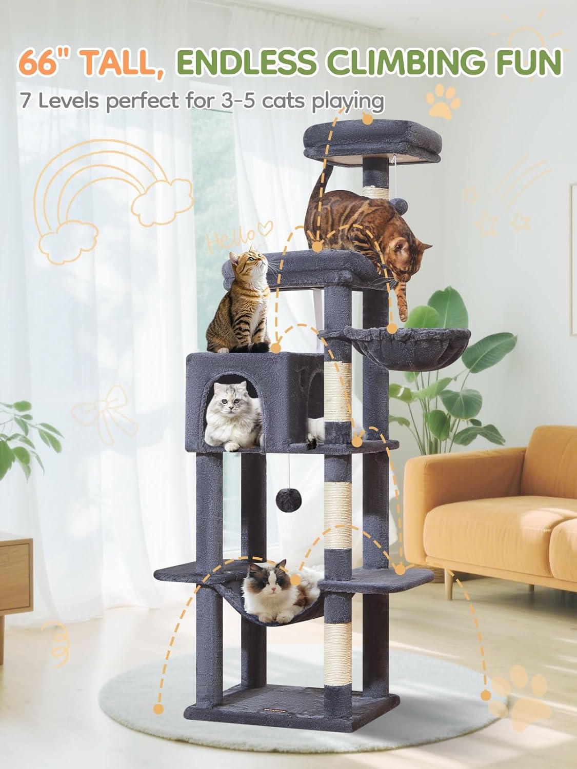 Taoqimiao MS042G Cat Tree,66-inch Large Cat Tower with Scratching Posts, Luxurious Large Platform for Big Cats with Soft Hammock, Adjustable Basket, Deluxe Cat Cando, Top Perch Smoke Gray