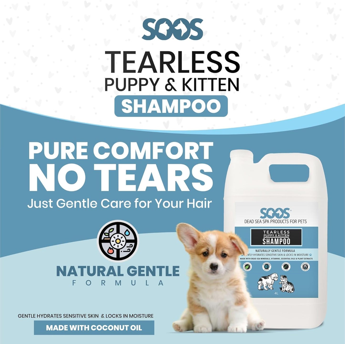 Soos Pets Pet Shampoo Natural Dead Sea Tear-Less Fast Absorbing with Vitamins Minerals Essential Oils Natural Elements for Puppy and Kitten - 1x Pet Shampoo (4L / 1.32 gal)