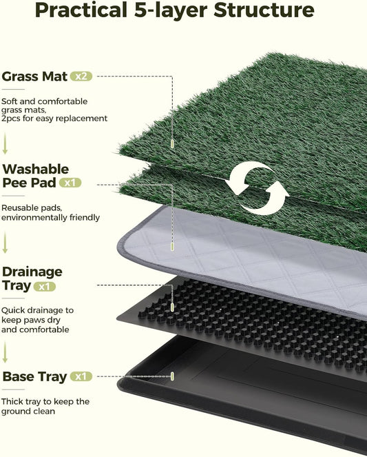 Dog Grass Pad with Tray, 35"x23" Grass Pad for Dogs Potty with 2pcs Artificial Grass, Indoor Dog Litter Box for Balcony Apartment, Realistic, Washable, Less Odor