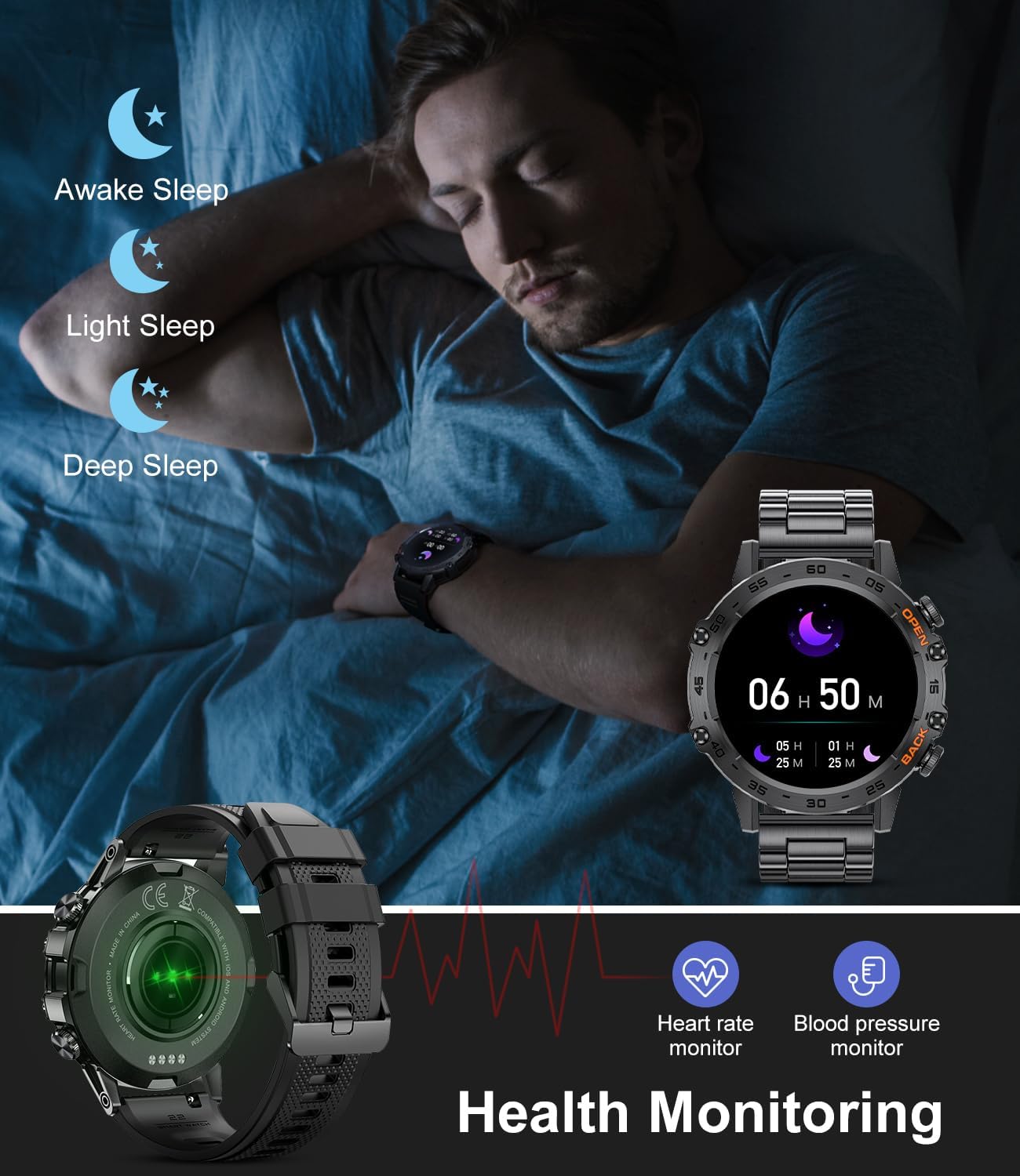 SUNKTA Military Smart Watch for Men(Answer/Dial Calls),100 Sports Modes, 5ATM Waterproof Fitness Watch with Heart Rate/SpO2/Blood Pressure for Android and iOS,1.39''HD DIY Screen Smartwatch Black