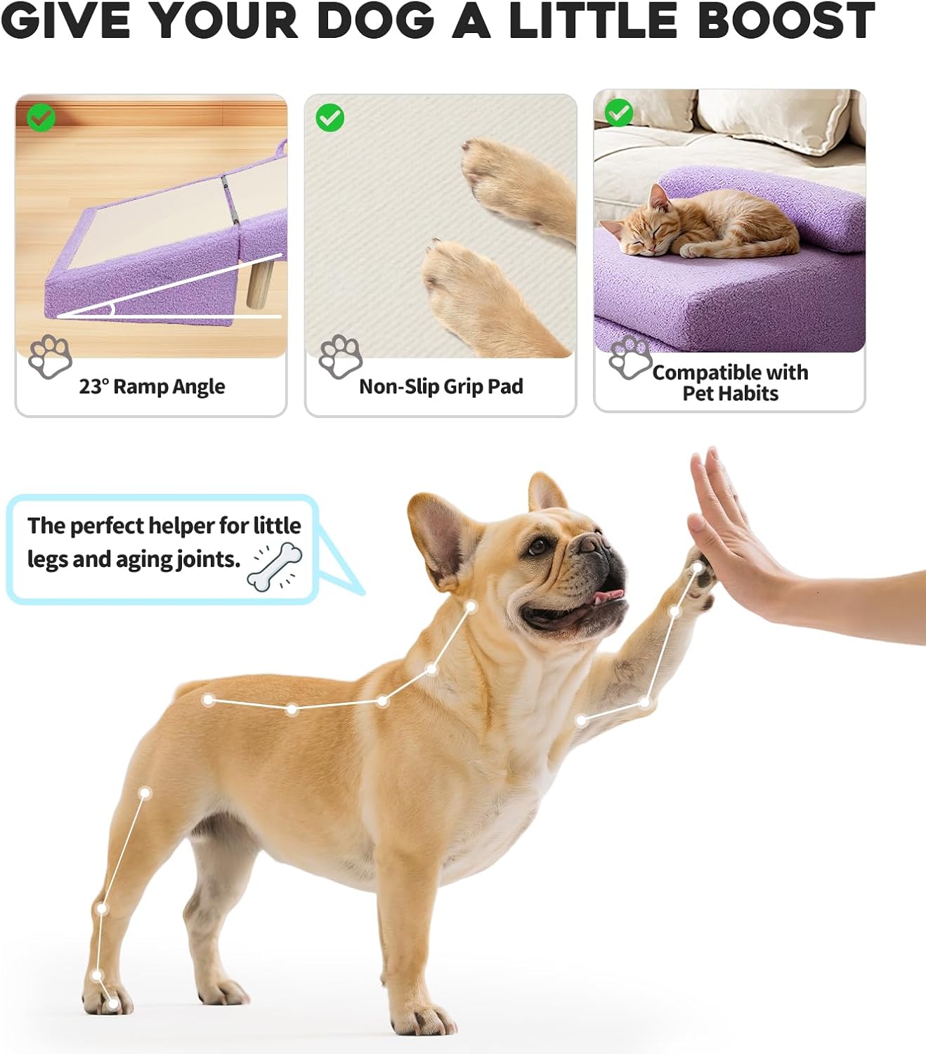 Dog Ramp for Small Dogs and Cats – 2-in-1 Dog Ramp for Couch and Low Bed, 16.5'' Foldable Wooden Pet Ramp, Sturdy Multi-Use Split Ottoman Design, Light Purple