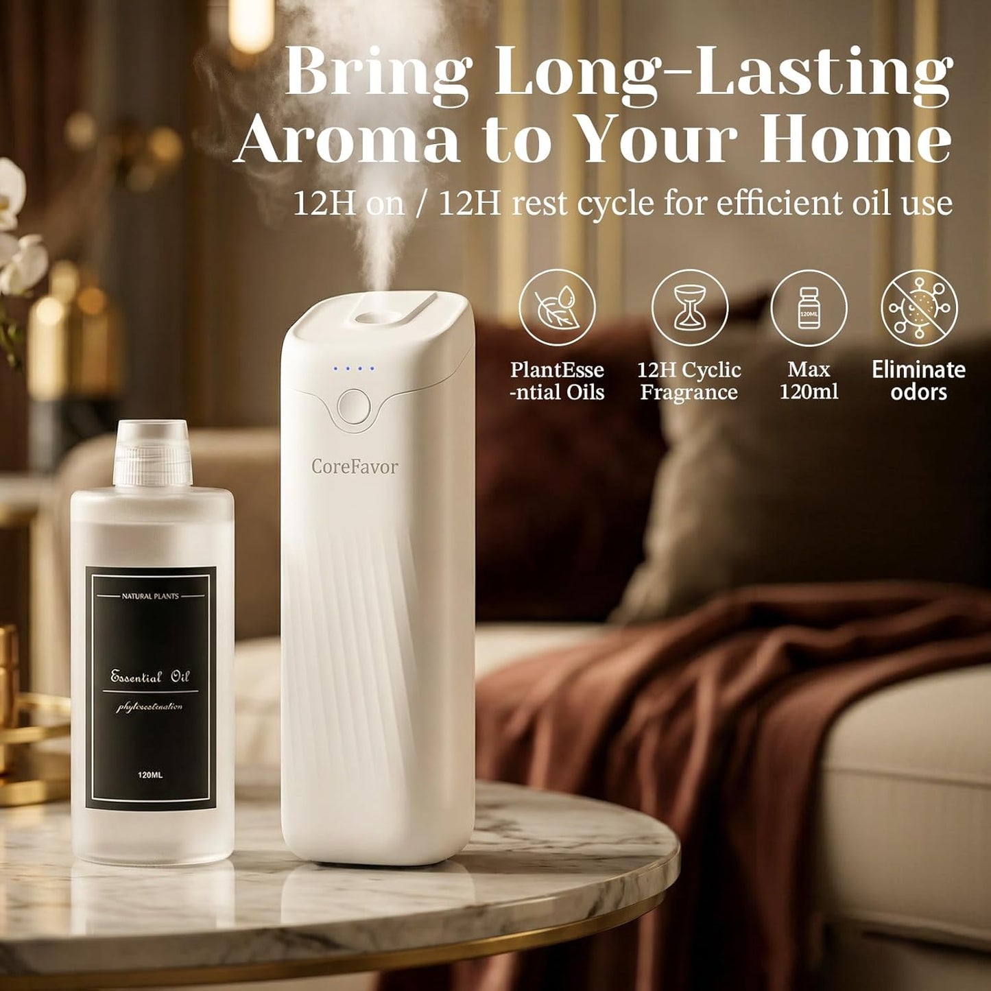 Waterless Essential Oil Diffuser with 120ml Oil, Portable Battery-Operated Cold Air Aroma Scent Machine, 4 Adjustable Intensity Levels, Quiet Diffuser for Bedroom Office Bathroom Car