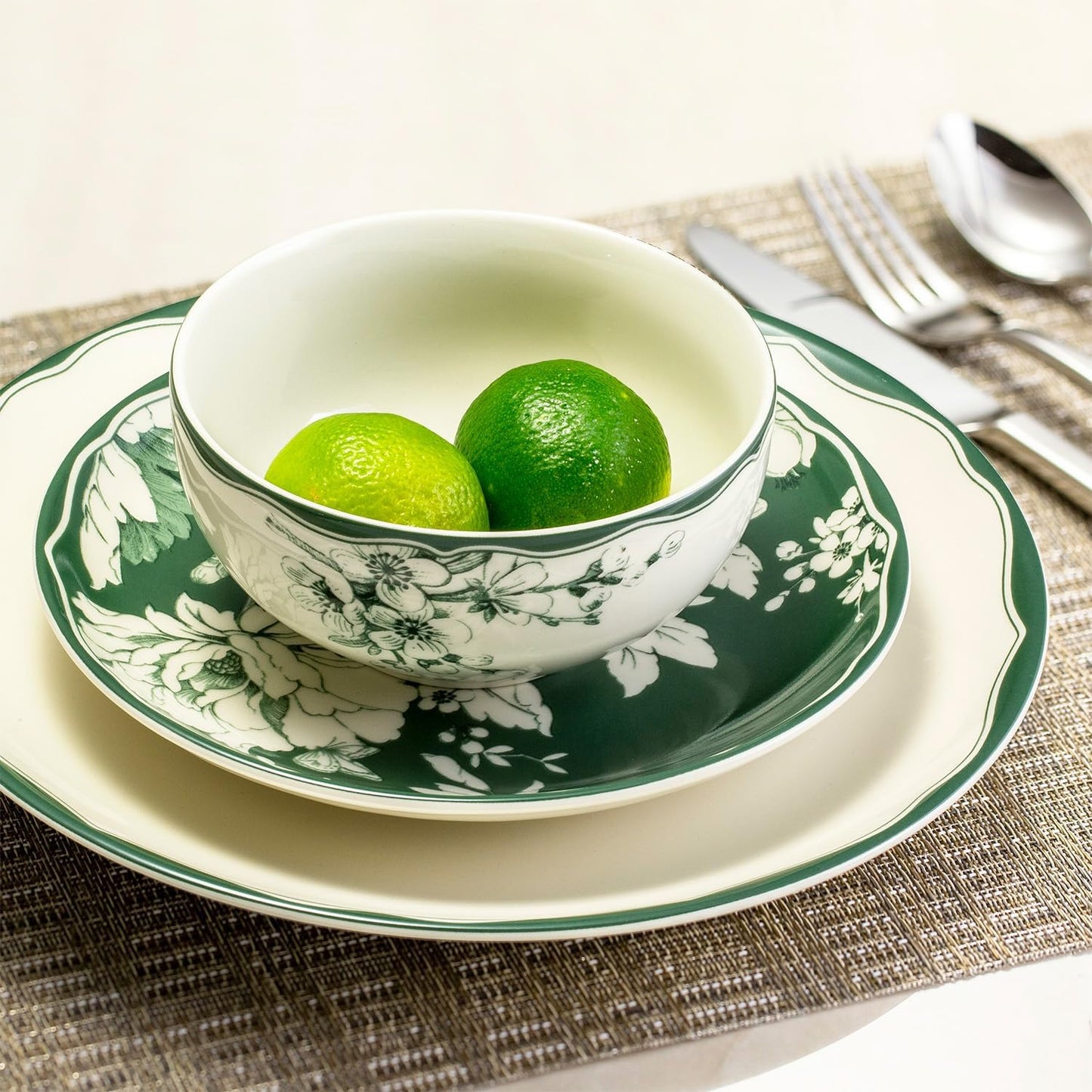 222 Fifth 12-Piece Porcelain Dinnerware Set for 4, White & Sage Green Plates and Bowls Set, Glossy Ceramic Dish Set with Detailed Floral Design, Microwave & Dishwasher Safe Dishes for Dining, Brittany