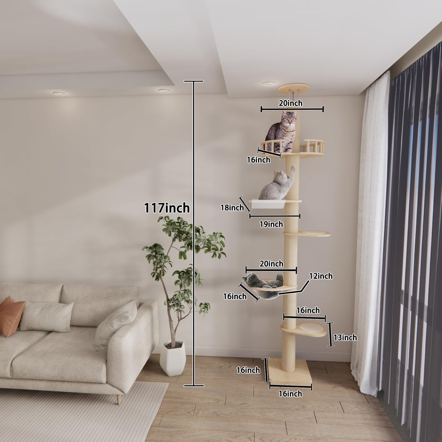 Floor to Ceiling Cat Trees Tower with Sisal Rope Scratching Post, Adjustable Height 82-117 inch, 5 Tier Cat Climbing Tree for Indoor Cats Large Adult, Modern Tall Cat Activity Tree(Deluxe Style 3)