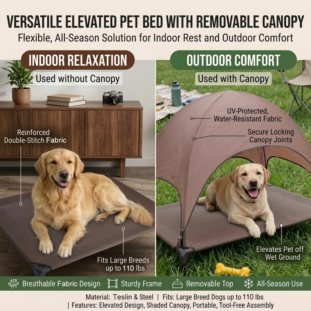 Outdoor Elevated Dog Cot, Portable Pet Bed with Removable Shade Water Resistant, Breathable Cooling Dog Camping Tent for Large Dogs Indoor Outdoor Backyard Camping Beach