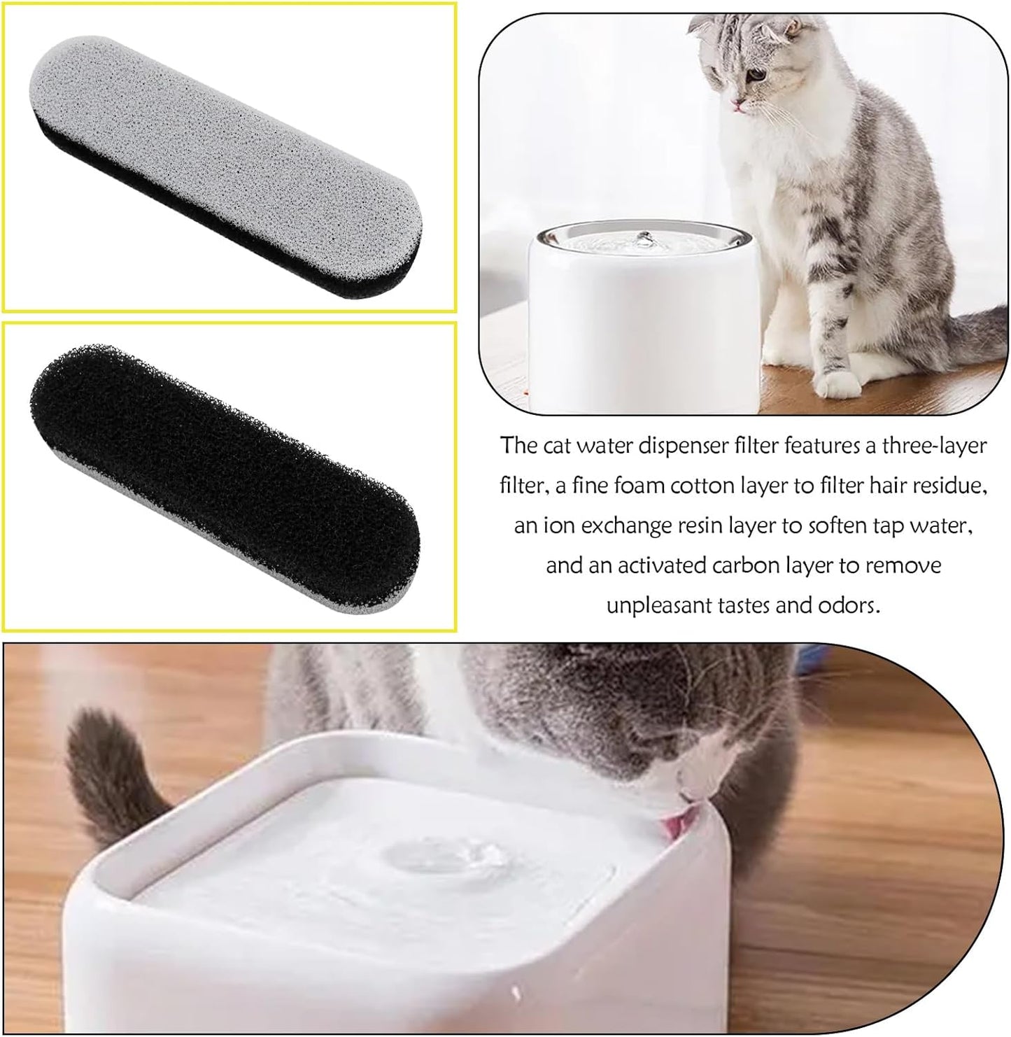 6PCS Cat Water Fountain Filters Compatible with LUVMYPETT WF220 75oz/2.2L Water Dispenser 11x3x1.5cm with Triple Filtration System Replacement Filters