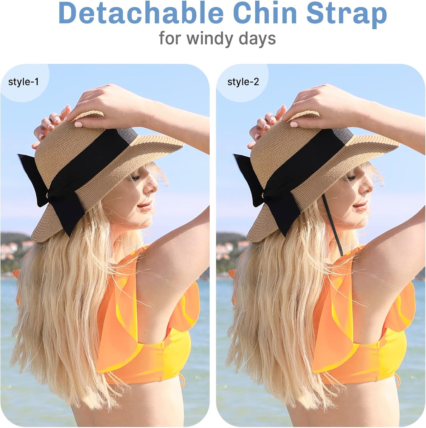 Beach Sun Straw Hats for Women, UPF 50+ UV Sun Protection Wide Brim Summer Straw Hat Foldable Packable Roll up Cap