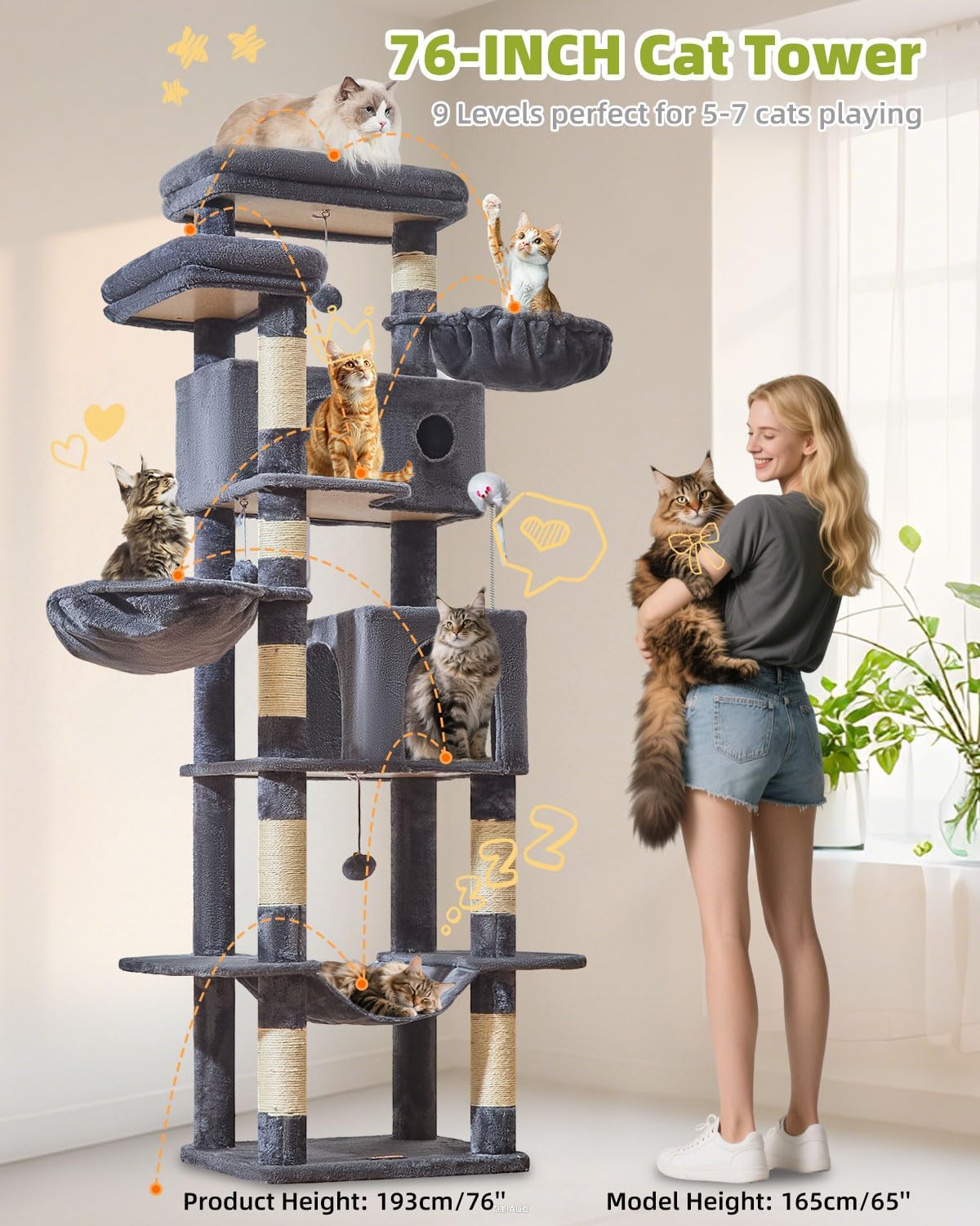 Taoqimiao Cat Tree Tower, 76-Inch Sturdy Cat Tree for Indoor Cats Large Adult Cat Tower with Scratching Posts，2 Condos, 2 Perches, 2 Large Hanging Baskets, Soft Hammock, MS046G Smoke Gray
