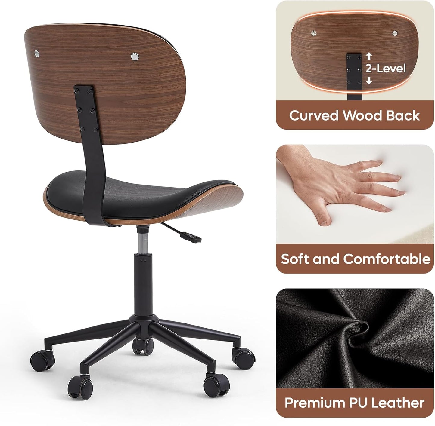 Bestier Small Office Chair with Bentwood Back Support, Armless Desk Chair with 360° Swivel, Height Adjustable Computer Chair with Wheels, PU Leather Modern for Office, Small Space, Black