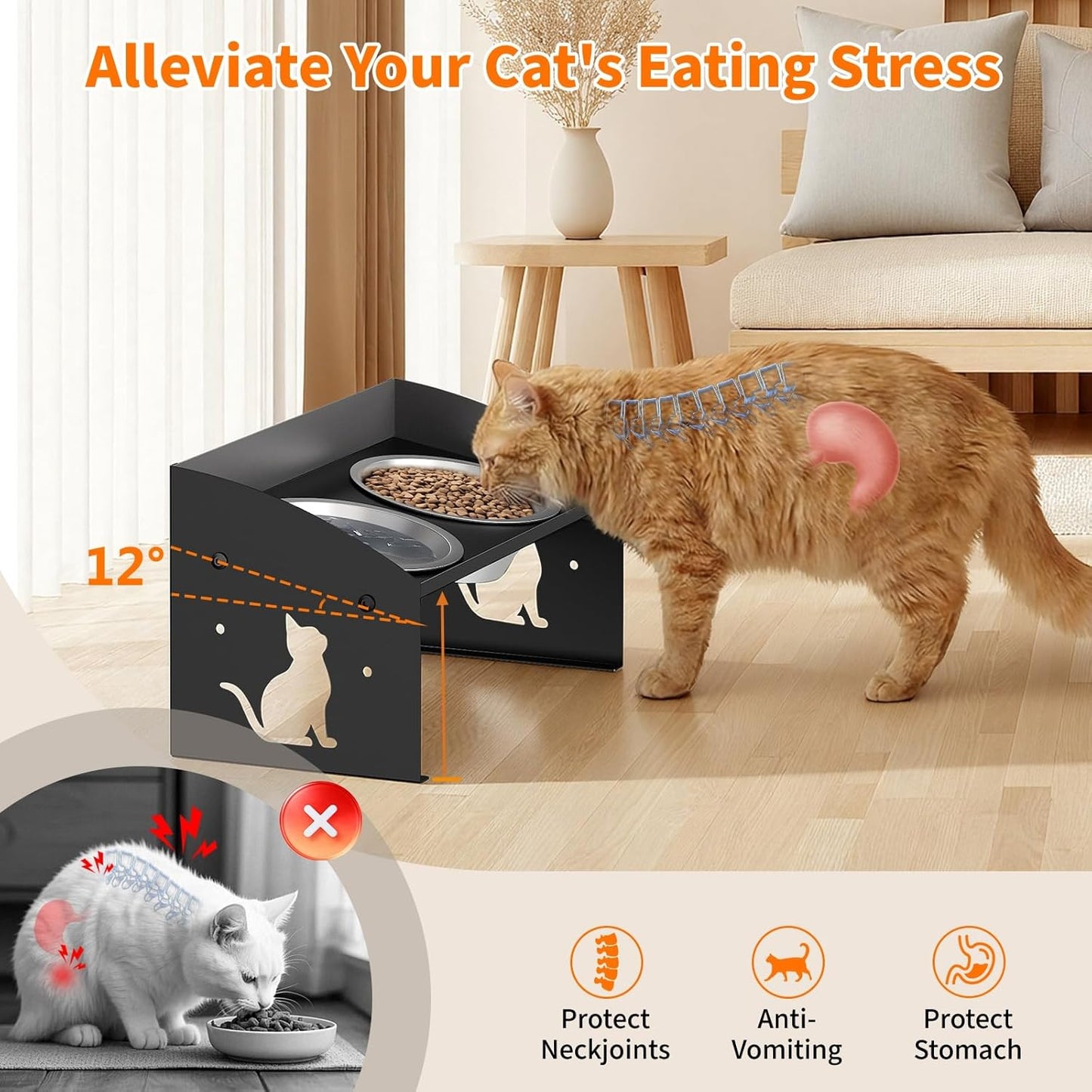 No Spill Raised Cat Food Bowl, 3-in-1 Elevated Dog Bowls with Splash Proof, Adjustable Cute Metal Stand,12° Tilted Anti-Vomiting, Stainless Steel Food and Water Bowl Set for Cats and Small Dogs