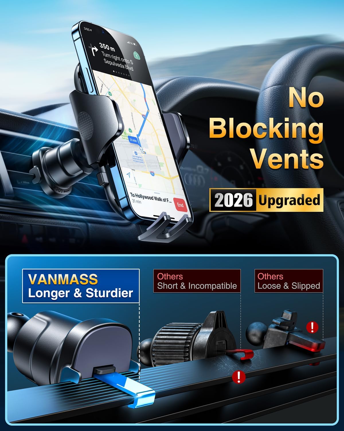 [2026 True Military-Grade] Car Phone Holder VANMASS [Upgraded Strongest Suction & Clip] Cell Phone Mount for Dashboard Windshield Vent Wall,Truck Cradle Stand for iPhone 17 Pro Max 16 15 14 13 Android