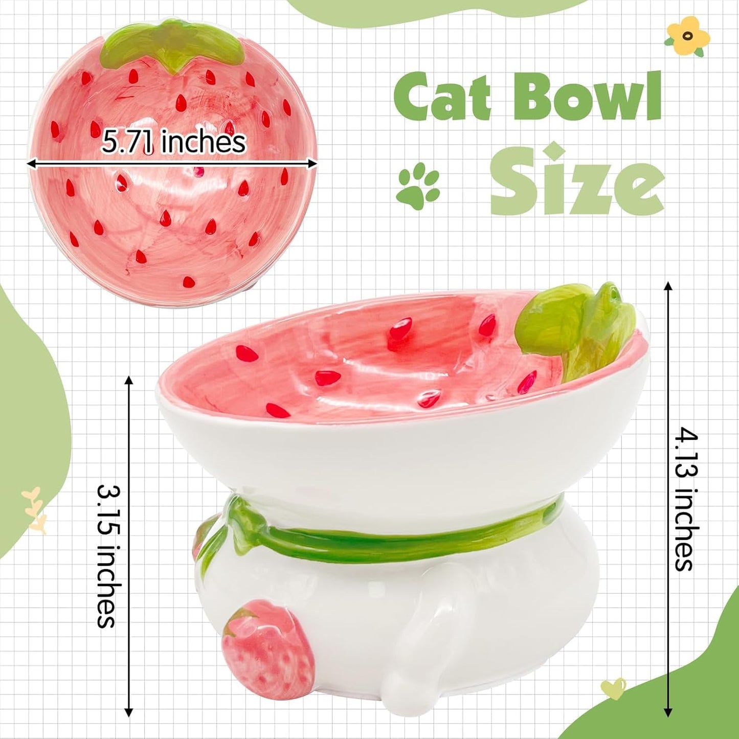 kathson Ceramic Raised Cat Bowl, 15° Tilted Elevated Cat Food Bowl, Raised Cat Food Bowls Anti Vomiting, Small Cat Feeding Bowlswith Stand for Protecting Spine, Strawberry Shaped Cute Kitten Bowl