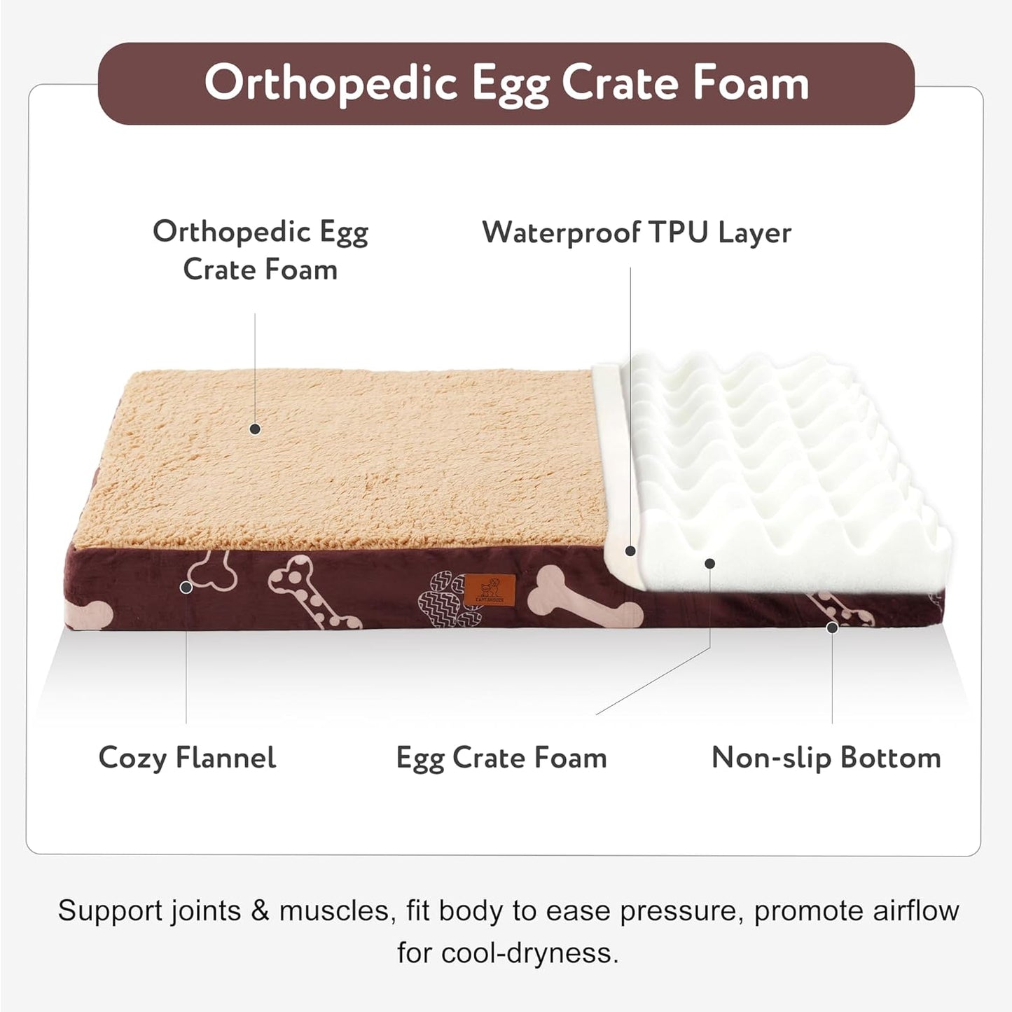 Waterproof Orthopedic Dog Bed for Extra Large Dogs 41x27x4 Inch - Egg Crate Foam Pet Crate Bed with Removable Washable Cover, Plush Top Anti-Slip Bed Mat, Chocolate